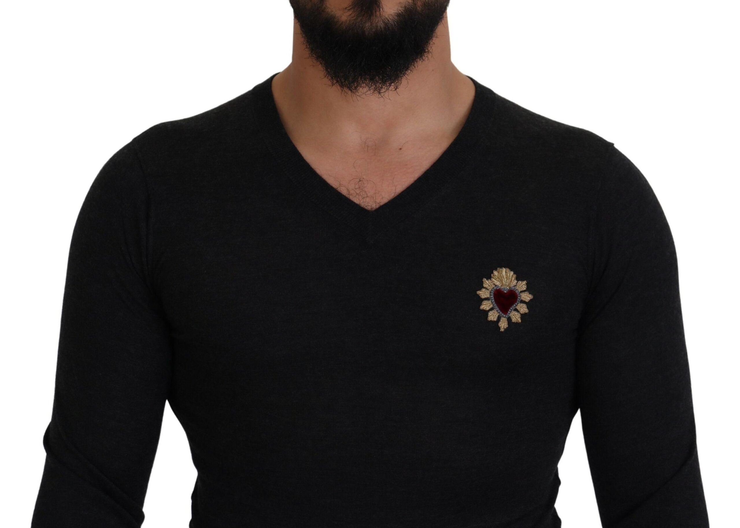 Dolce & Gabbana Gray Cashmere V-neck Gold Heart Men's Sweater