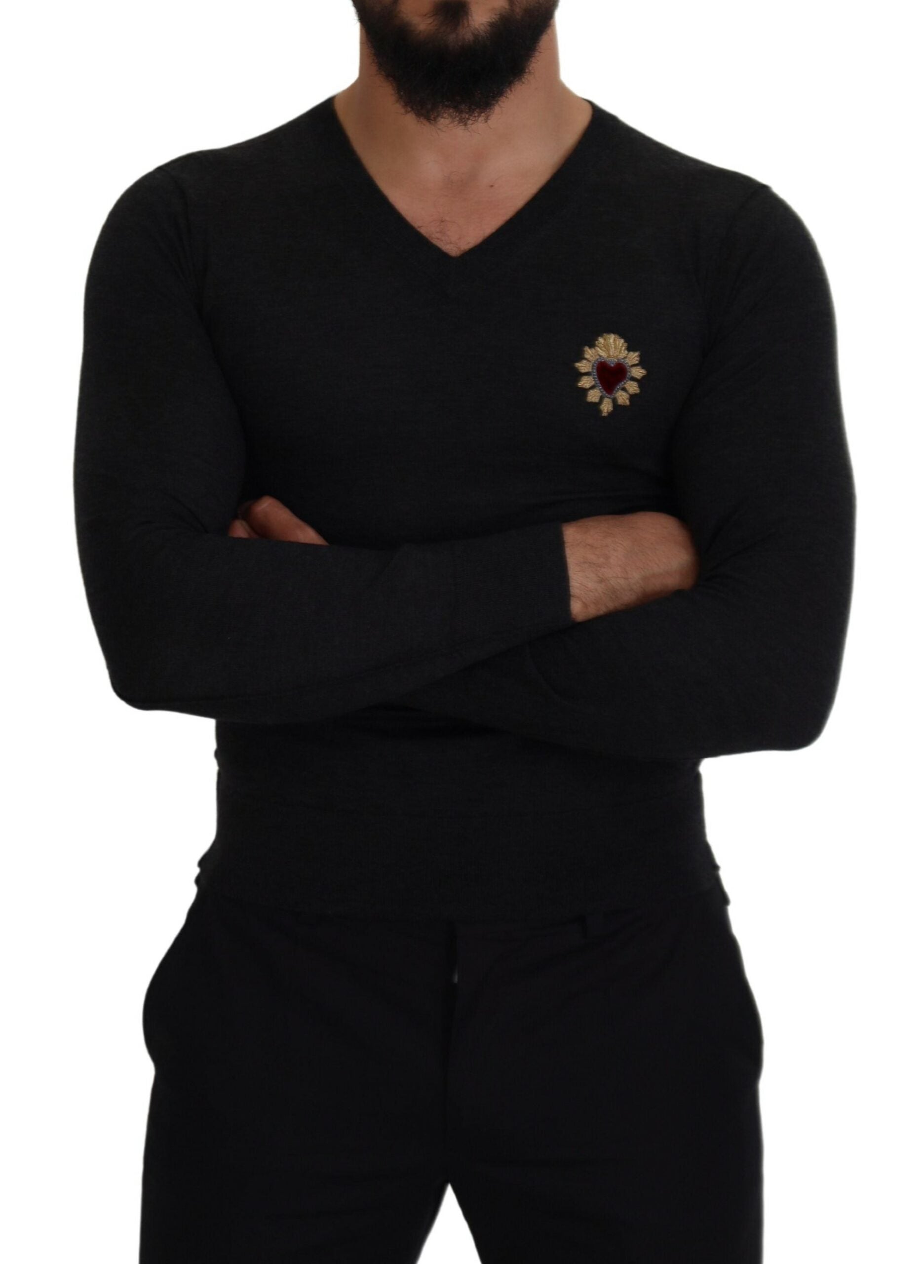 Dolce & Gabbana Gray Cashmere V-neck Gold Heart Men's Sweater
