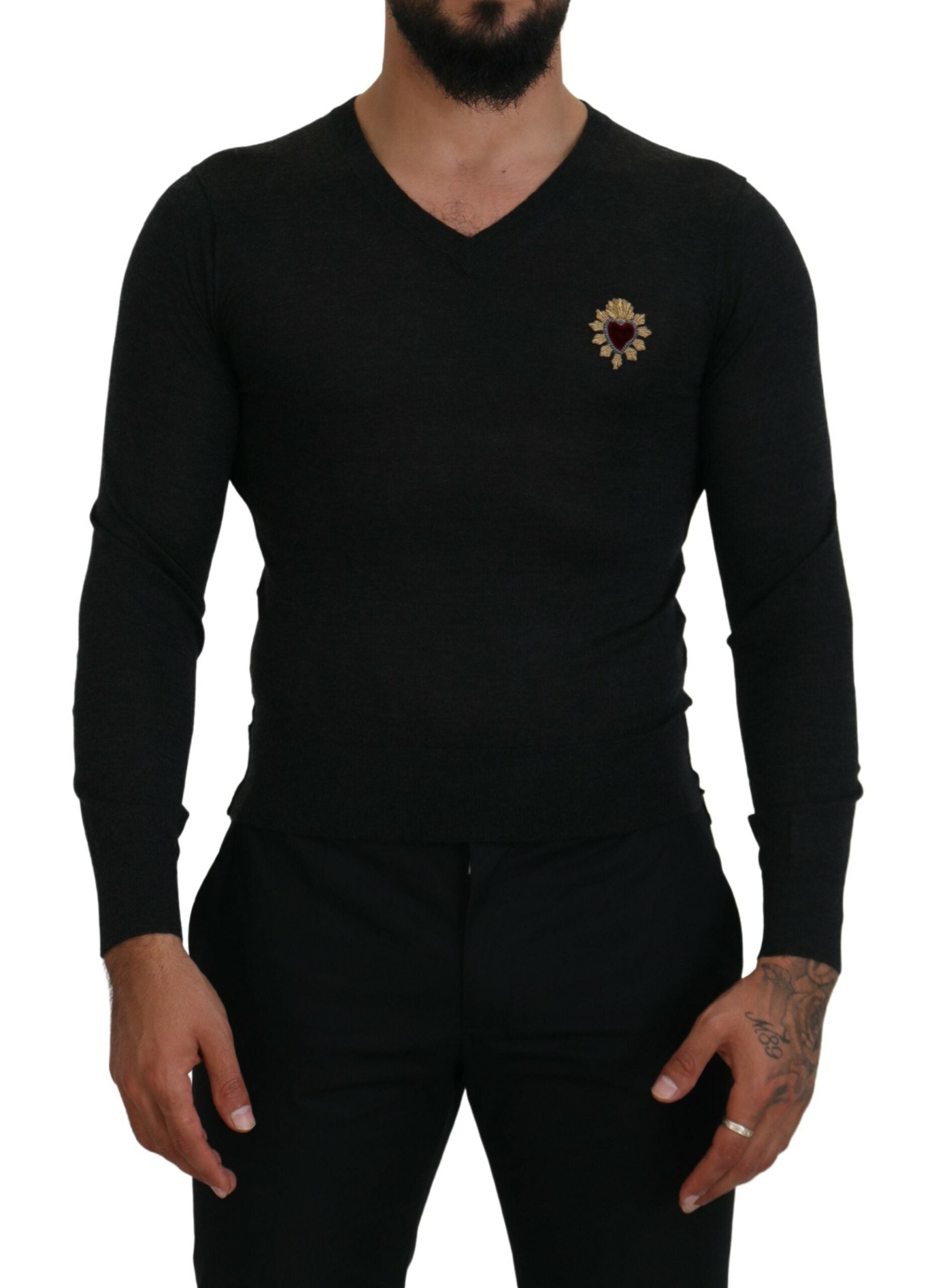 Dolce & Gabbana Gray Cashmere V-neck Gold Heart Men's Sweater
