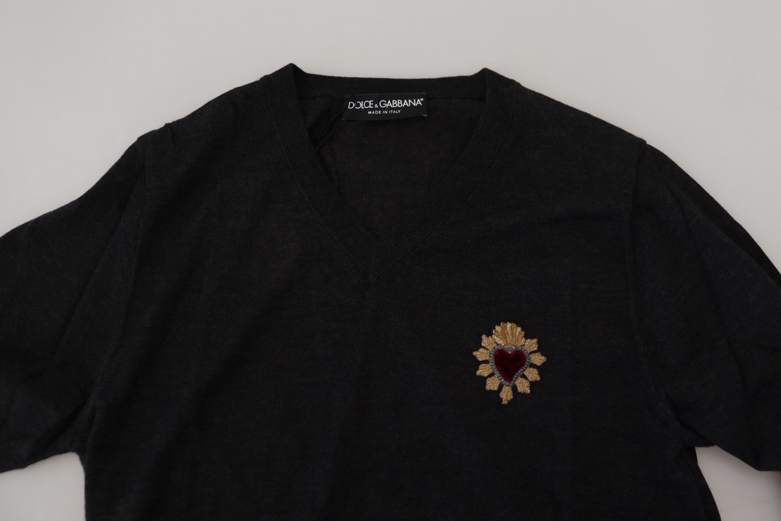 Dolce & Gabbana Gray Cashmere V-neck Gold Heart Men's Sweater