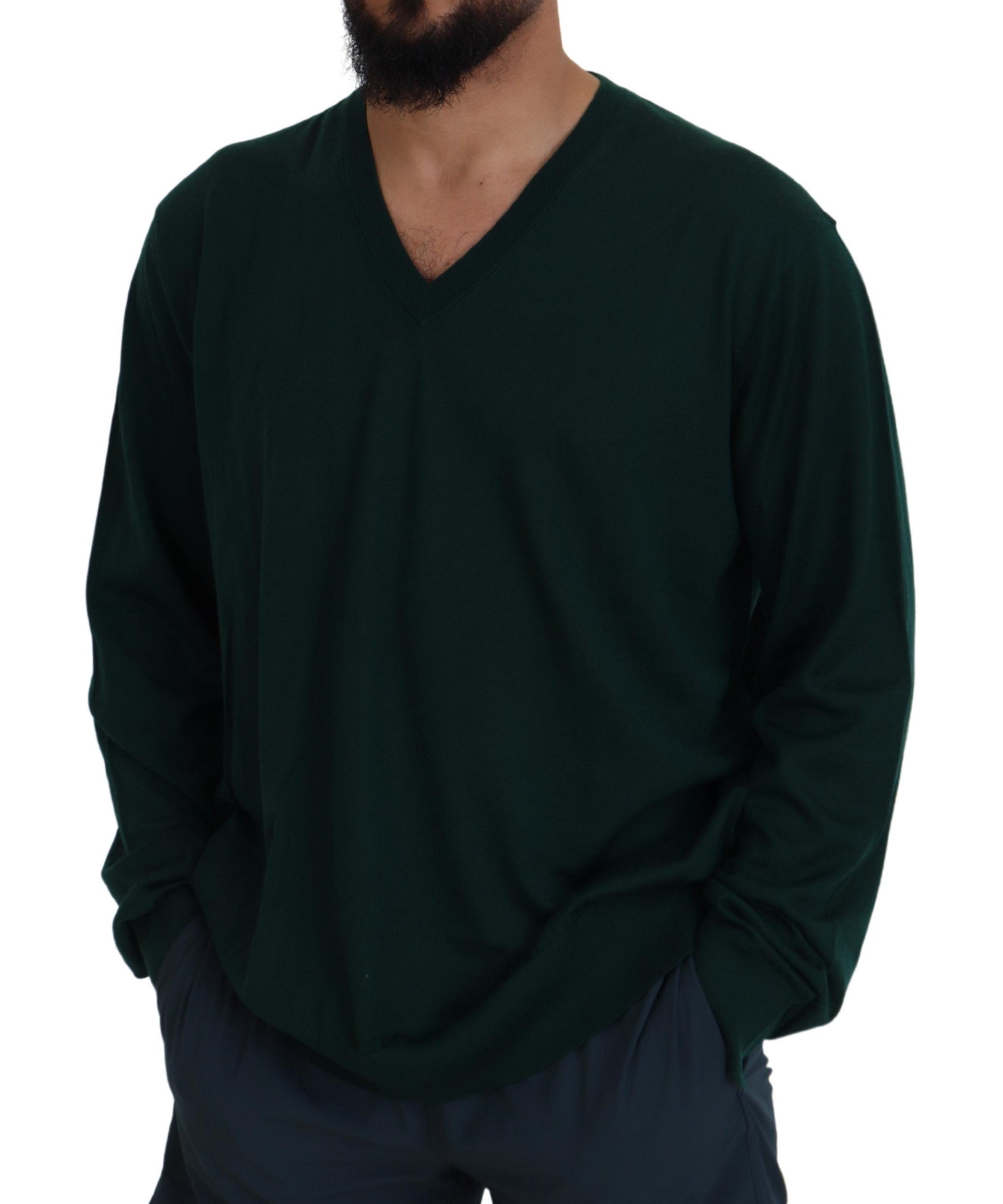 Dolce & Gabbana Green Cashmere V-neck Pullover Men's Sweater
