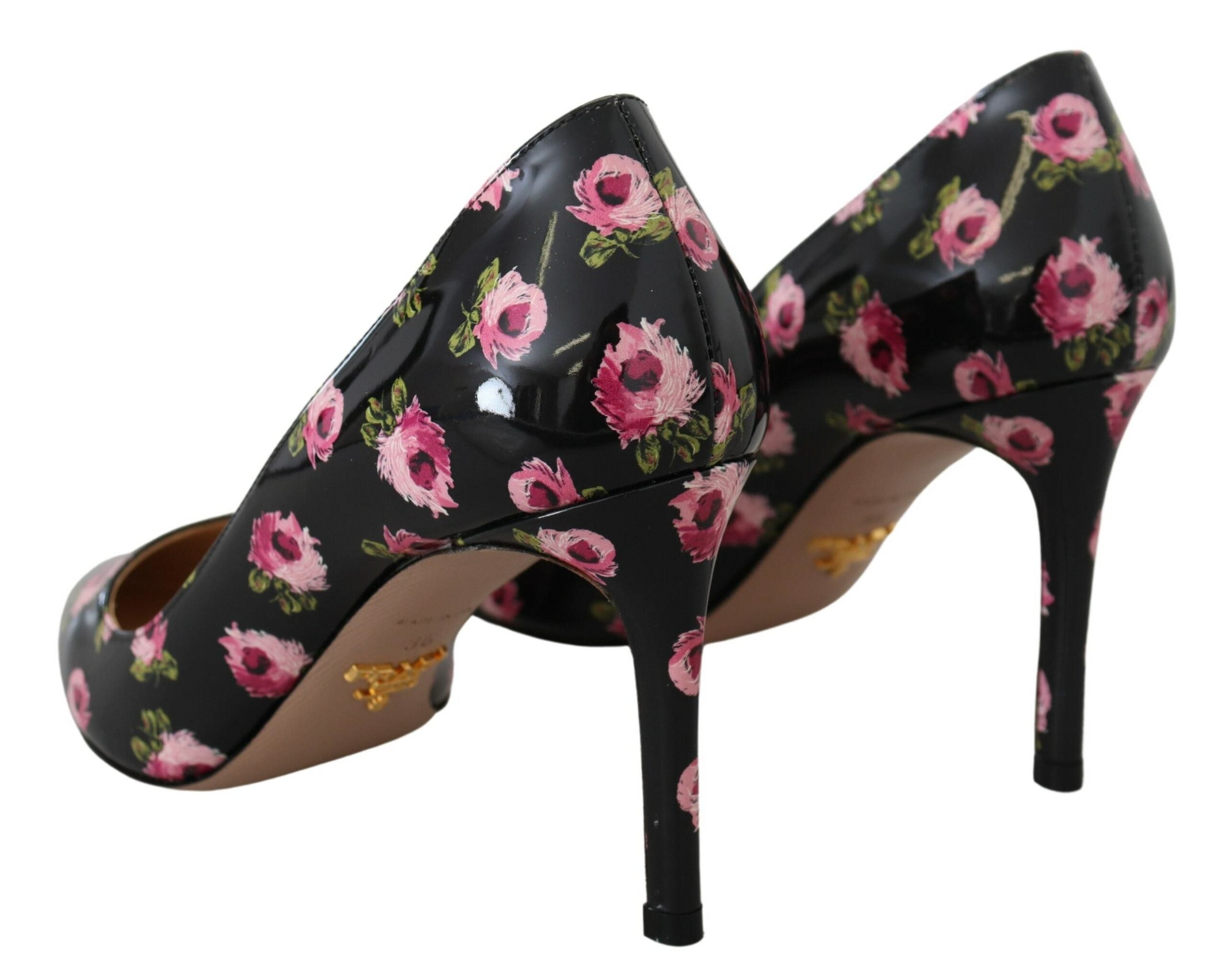 Prada Black Leather Floral Heels Stilettos Women's Pumps