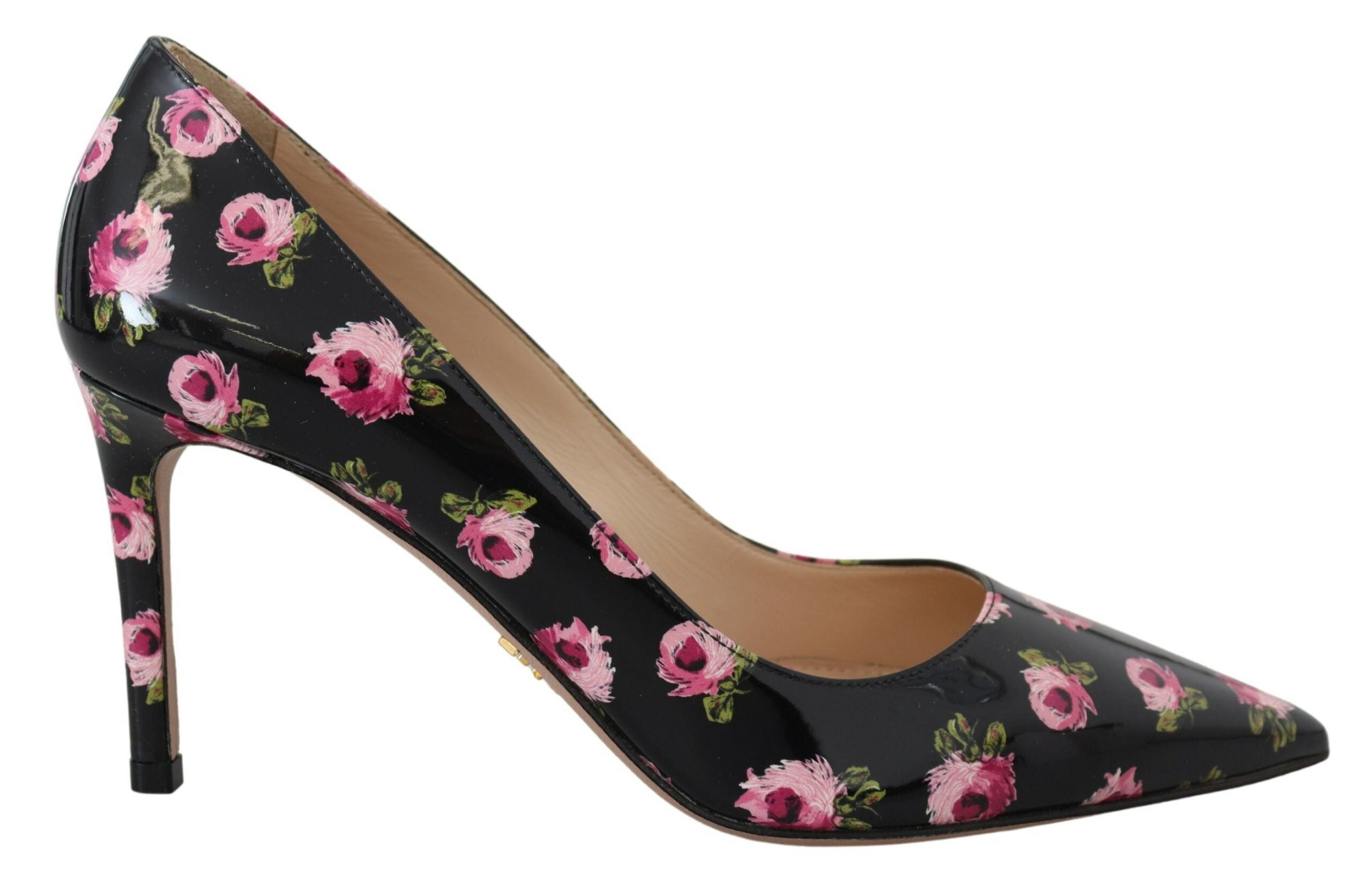 Prada Black Leather Floral Heels Stilettos Women's Pumps