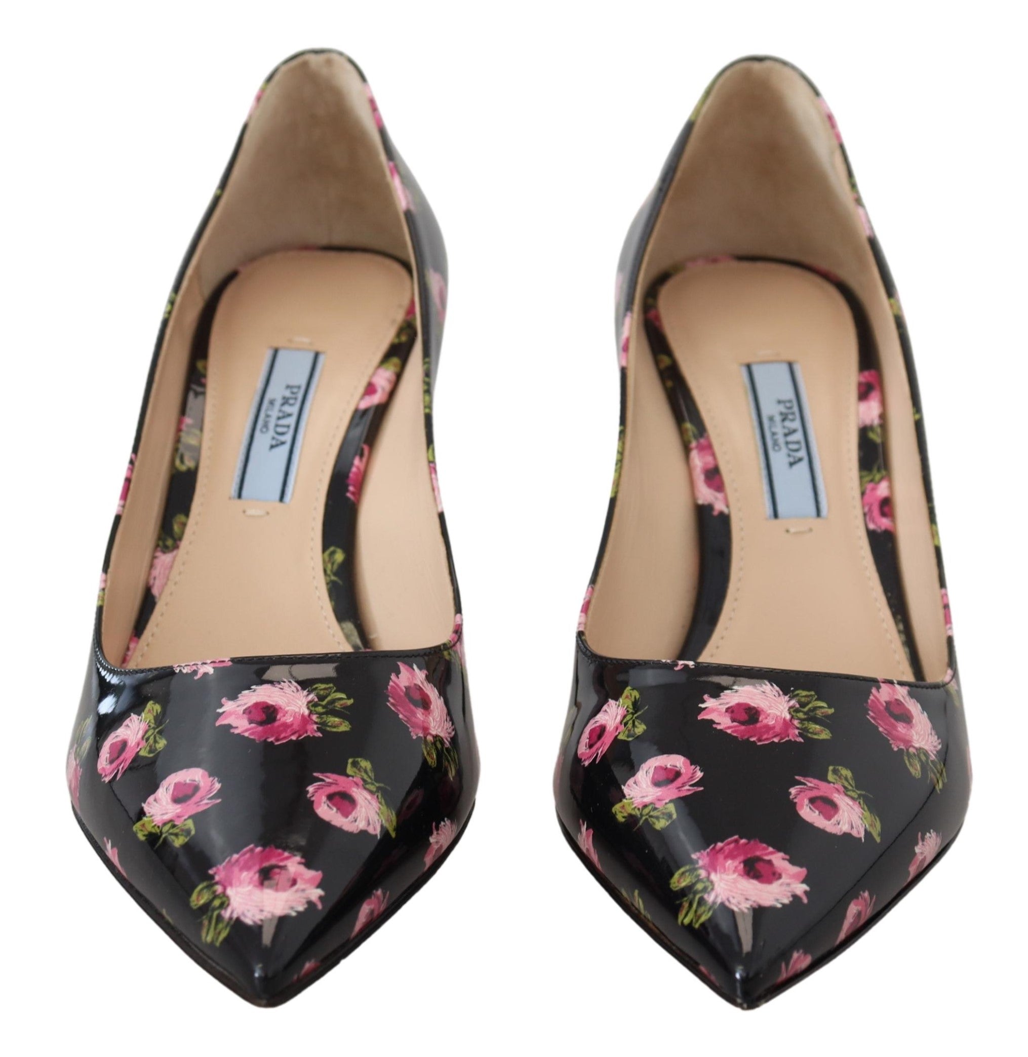 Prada Black Leather Floral Heels Stilettos Women's Pumps
