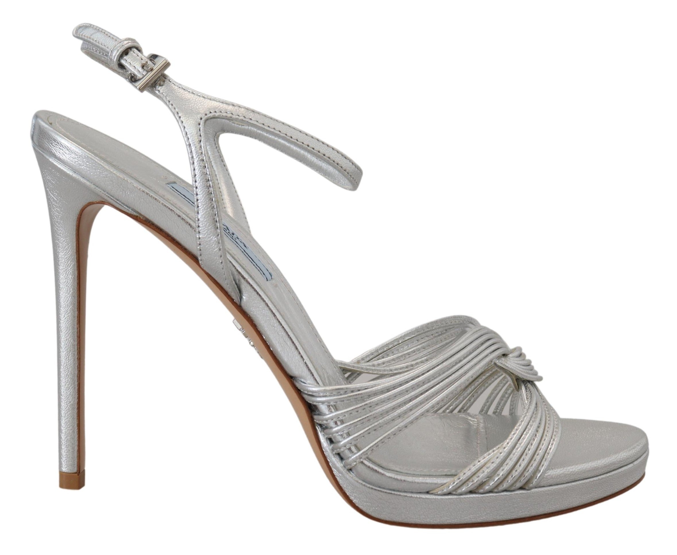 Prada Silver Leather Sandals Ankle Strap Heels Women's Stiletto