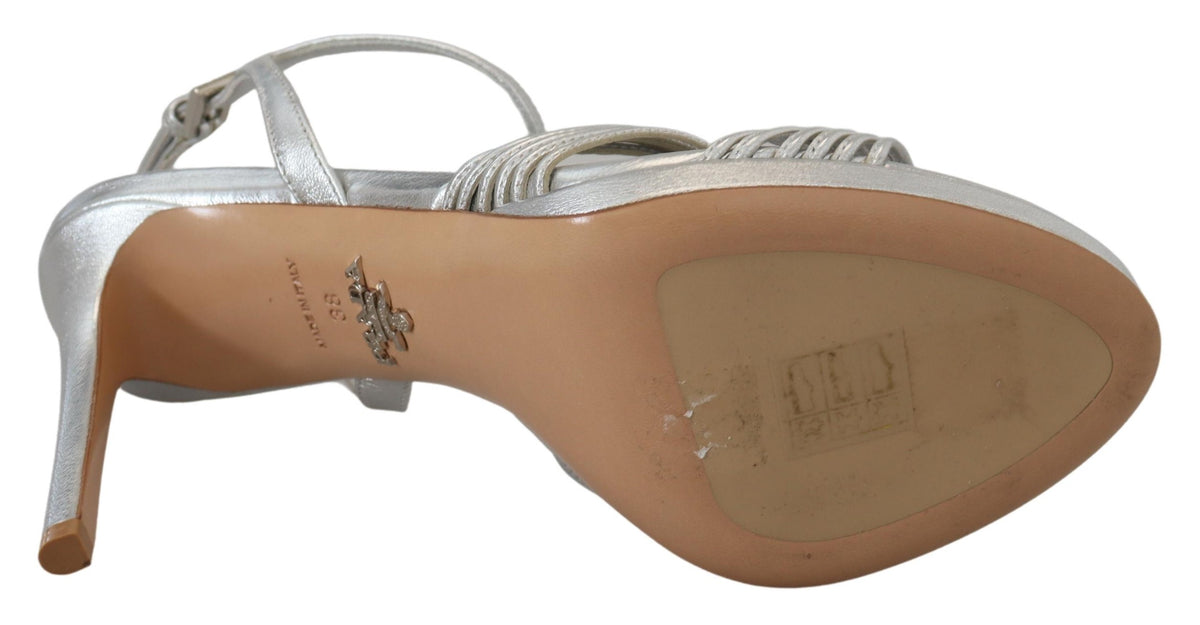 Prada Silver Leather Sandals Ankle Strap Heels Women's Stiletto