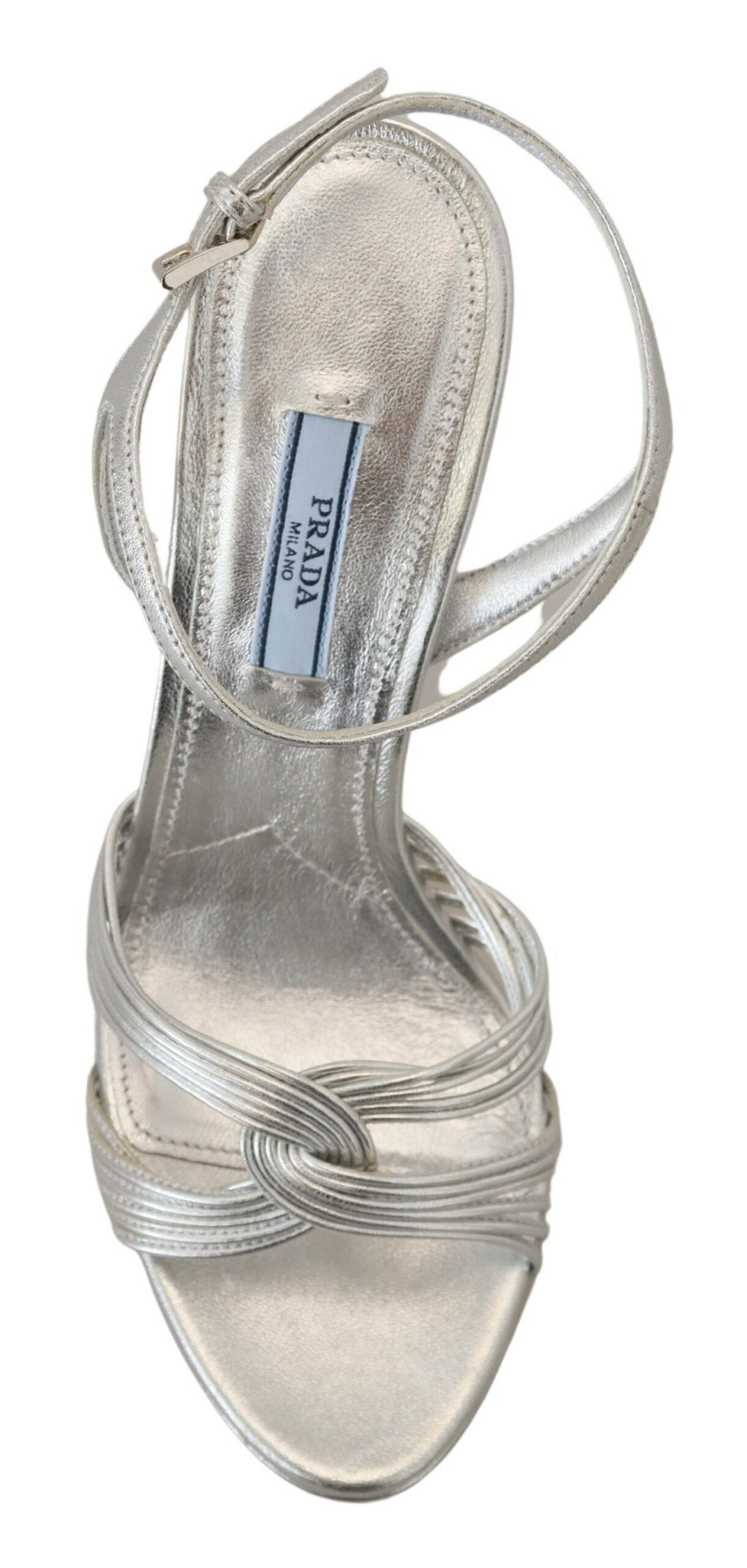 Prada Silver Leather Sandals Ankle Strap Heels Women's Stiletto