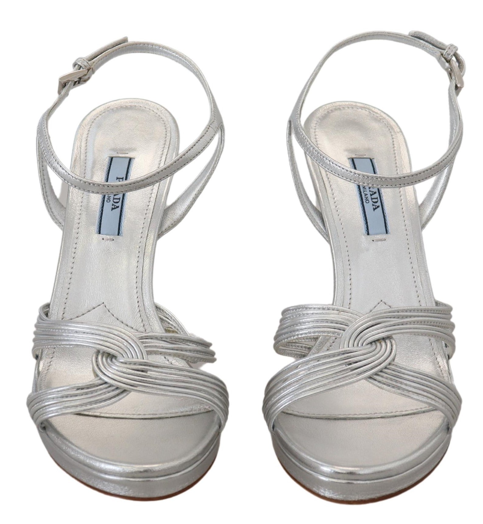 Prada Silver Leather Sandals Ankle Strap Heels Women's Stiletto