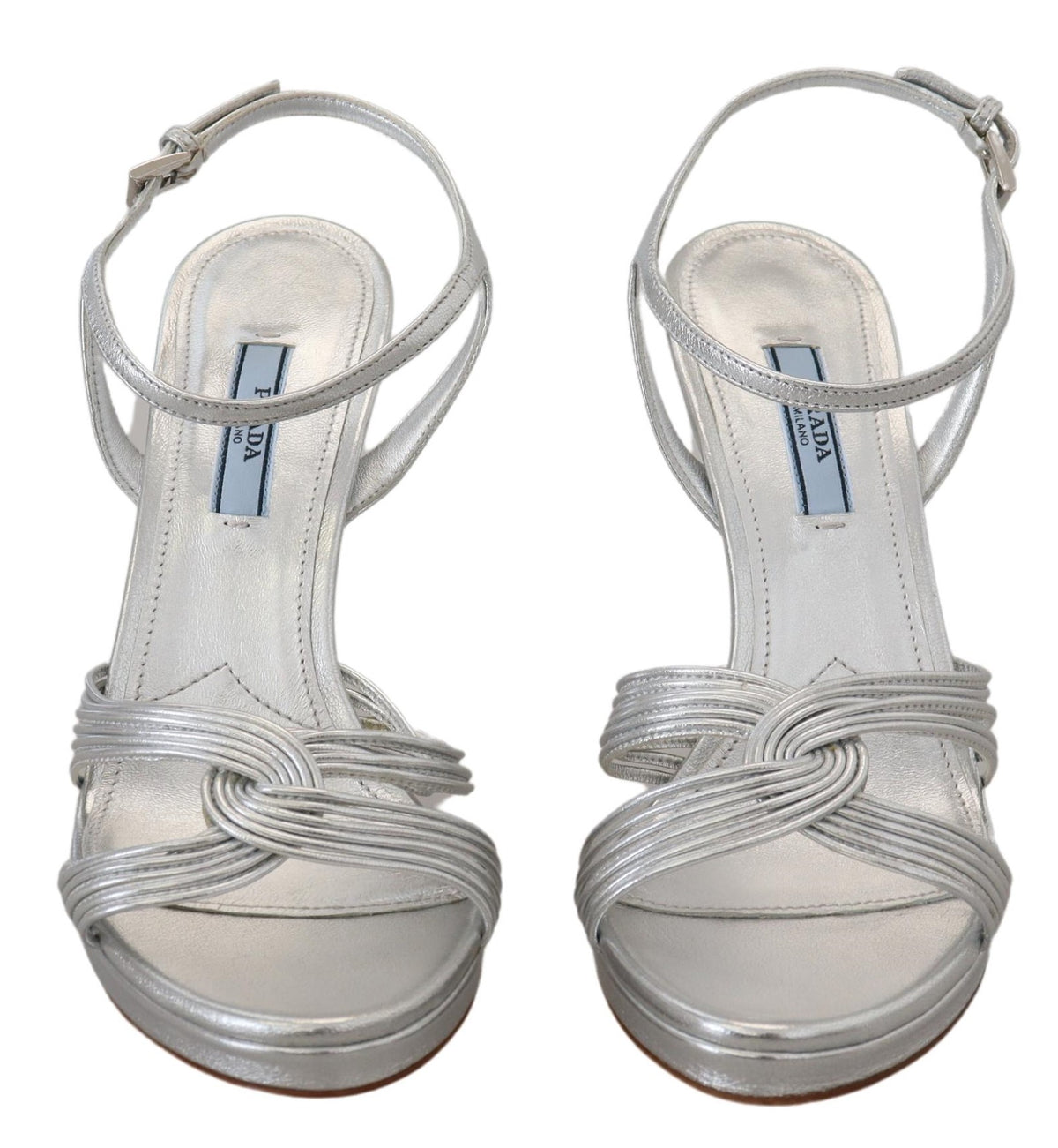 Prada Silver Leather Sandals Ankle Strap Heels Women's Stiletto