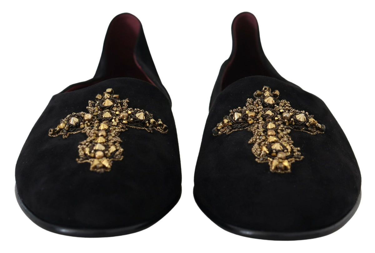 Dolce & Gabbana Black Suede Gold Cross Slip On Loafers Men's Shoes