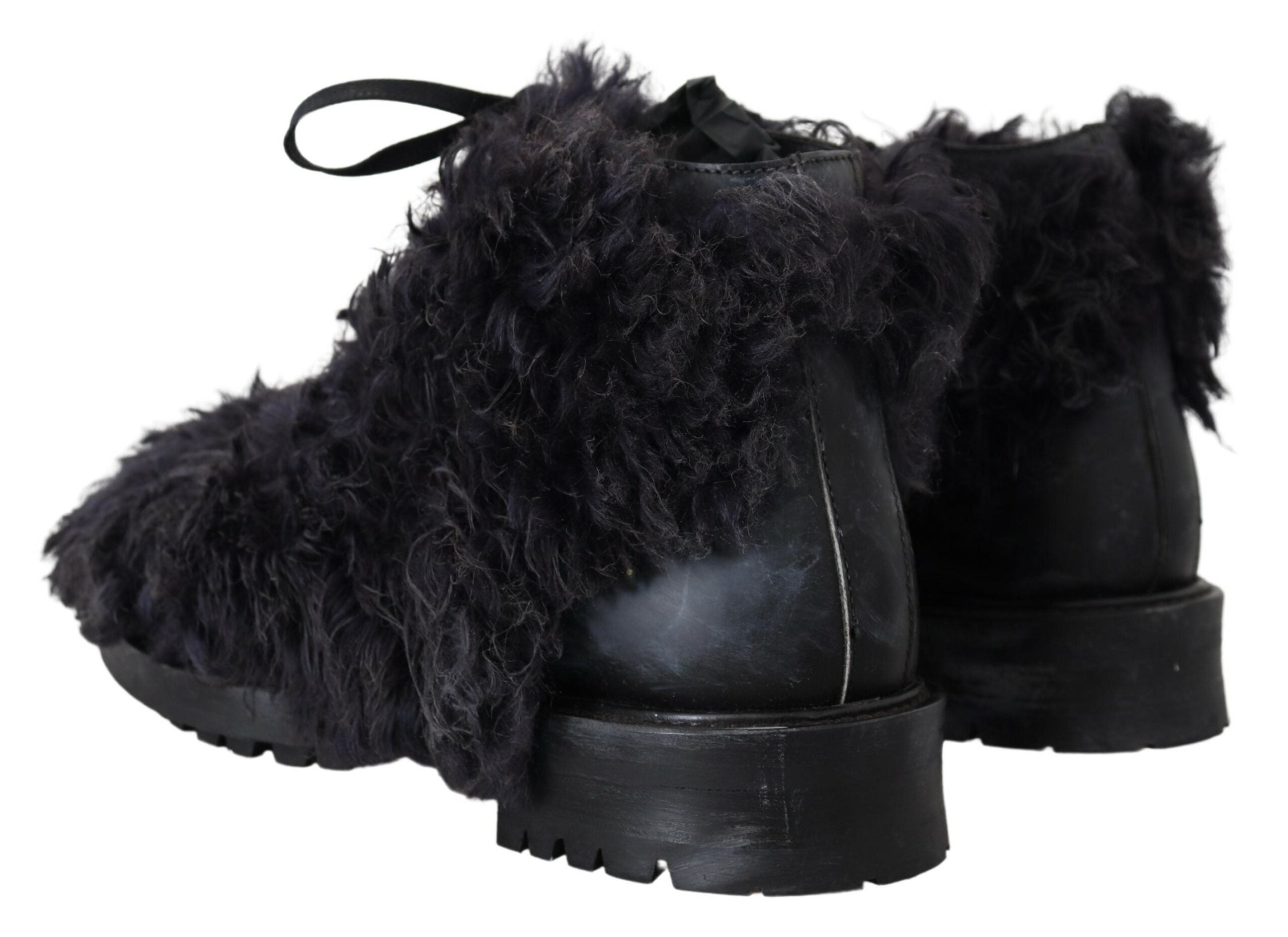 Dolce & Gabbana Black Leather Combat Shearling Boots Men's Shoes