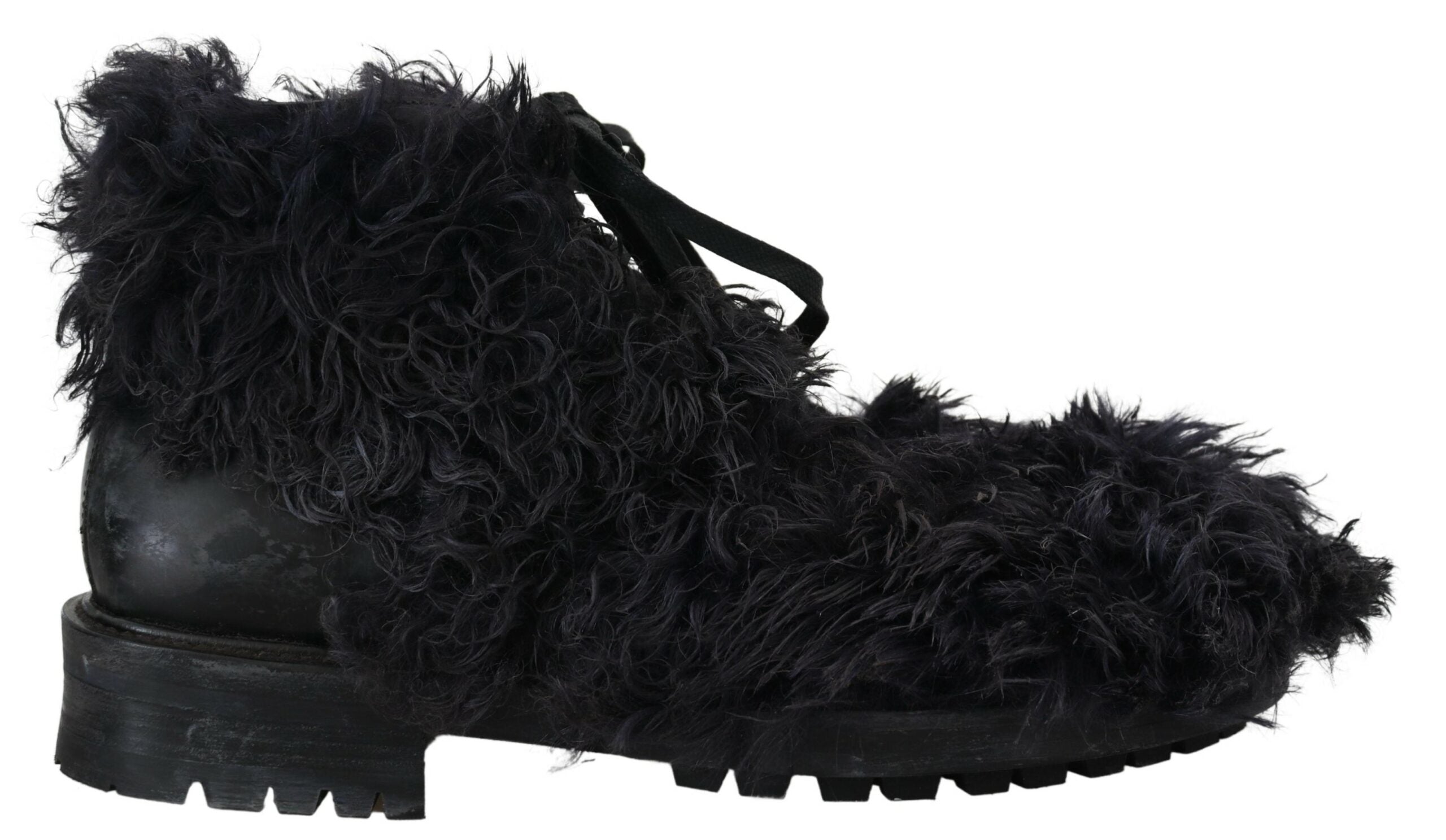 Dolce & Gabbana Black Leather Combat Shearling Boots Men's Shoes