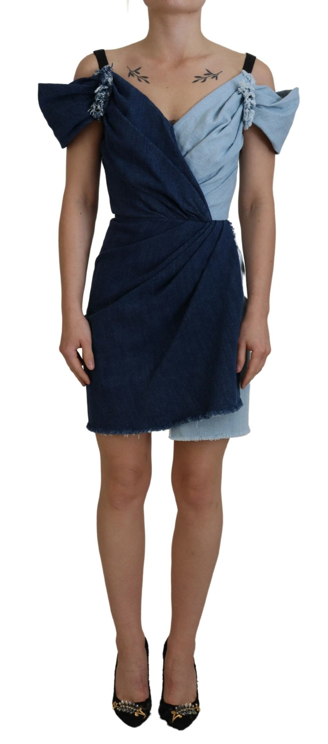 Dolce & Gabbana Two Tone Blue Patchwork Denim Mini Women's Dress