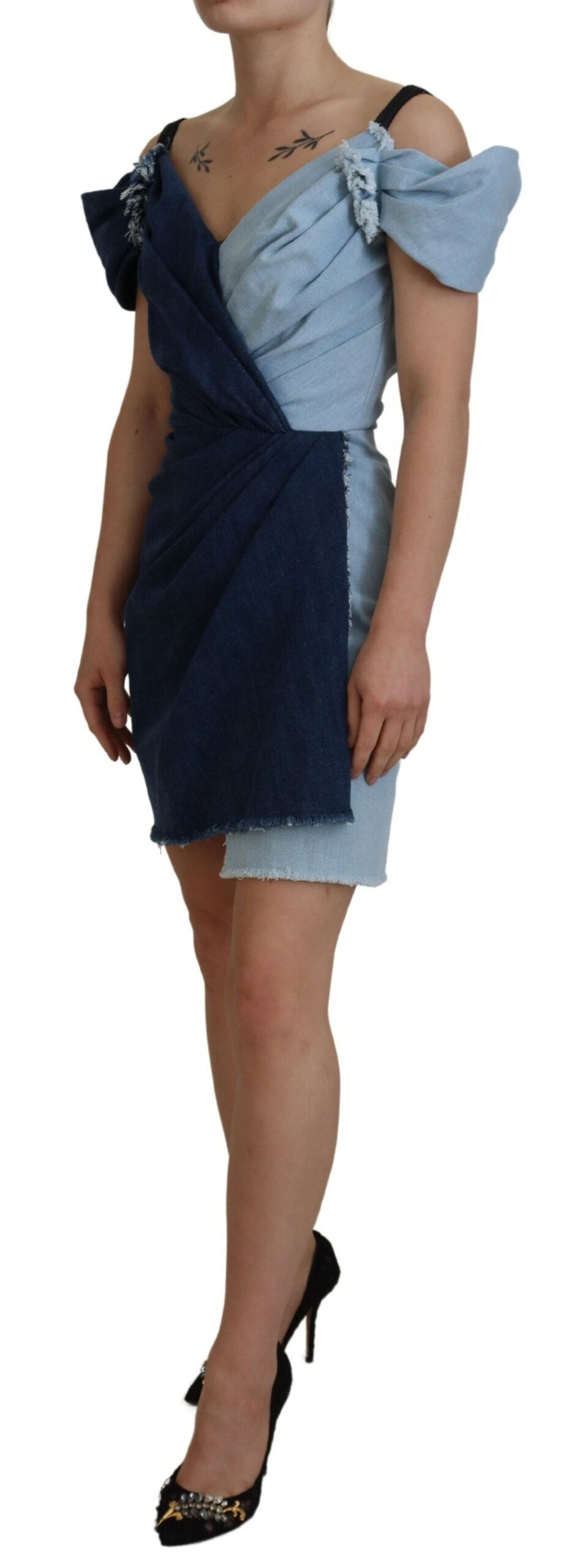 Dolce & Gabbana Two Tone Blue Patchwork Denim Mini Women's Dress