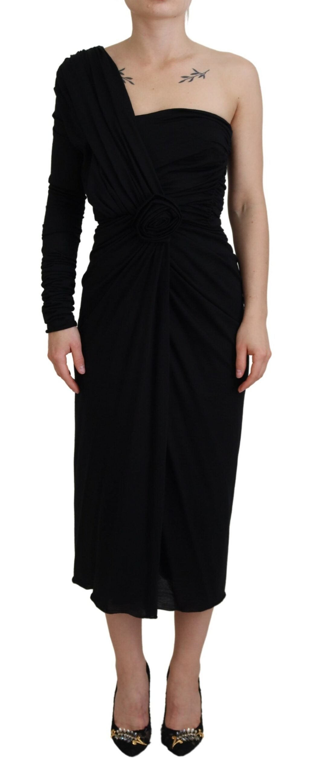 Dolce & Gabbana Black Wrap Sheath One Shoulder Wool Women's Dress (Pre-Owned)