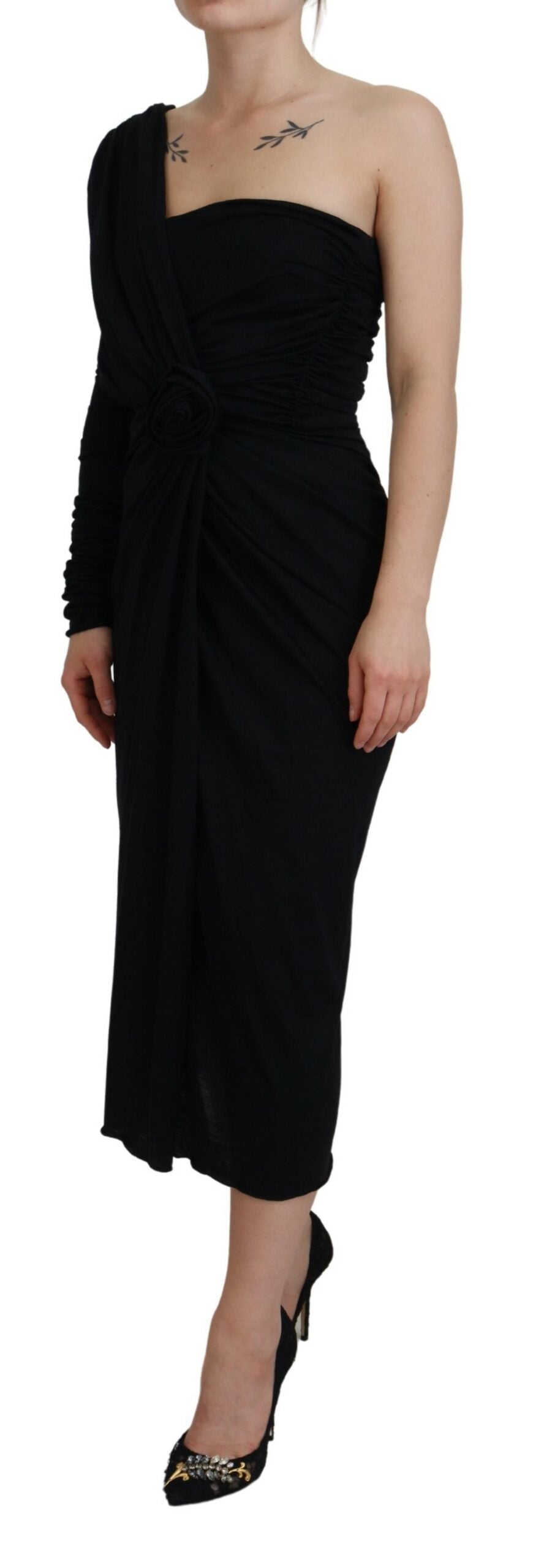 Dolce & Gabbana Black Wrap Sheath One Shoulder Wool Women's Dress