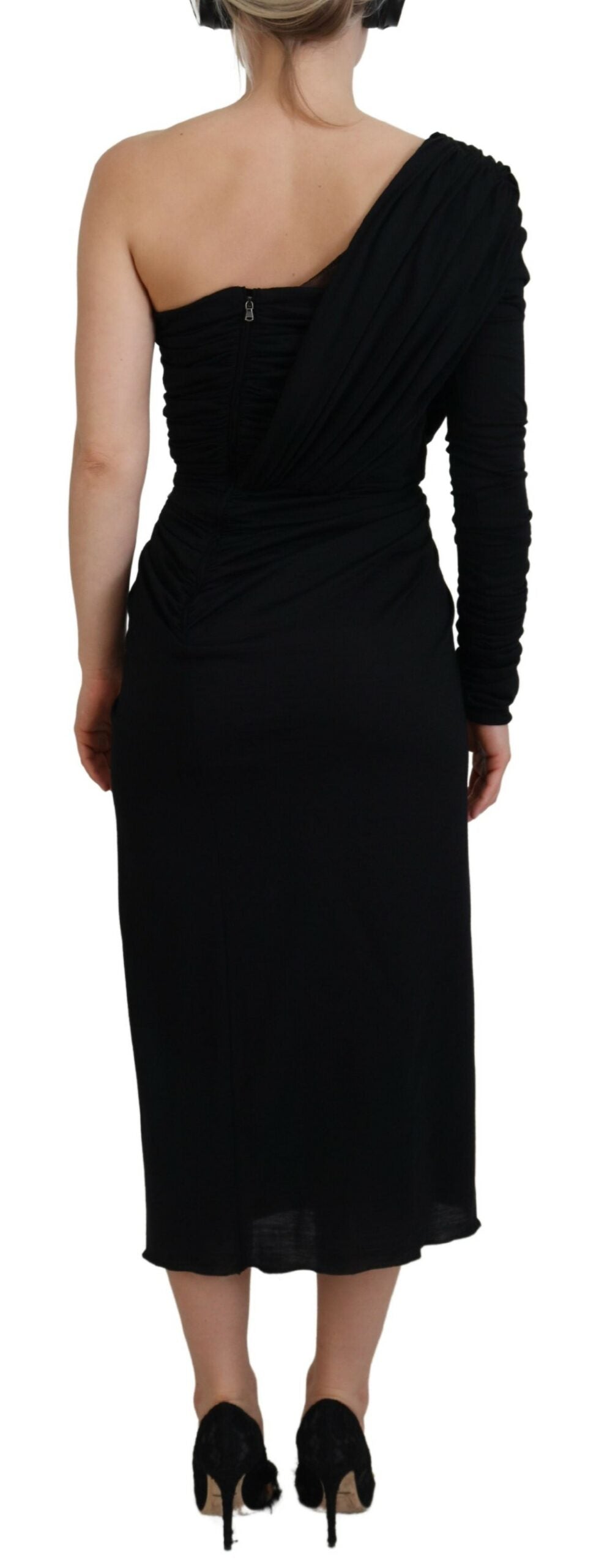 Dolce & Gabbana Black Wrap Sheath One Shoulder Wool Women's Dress