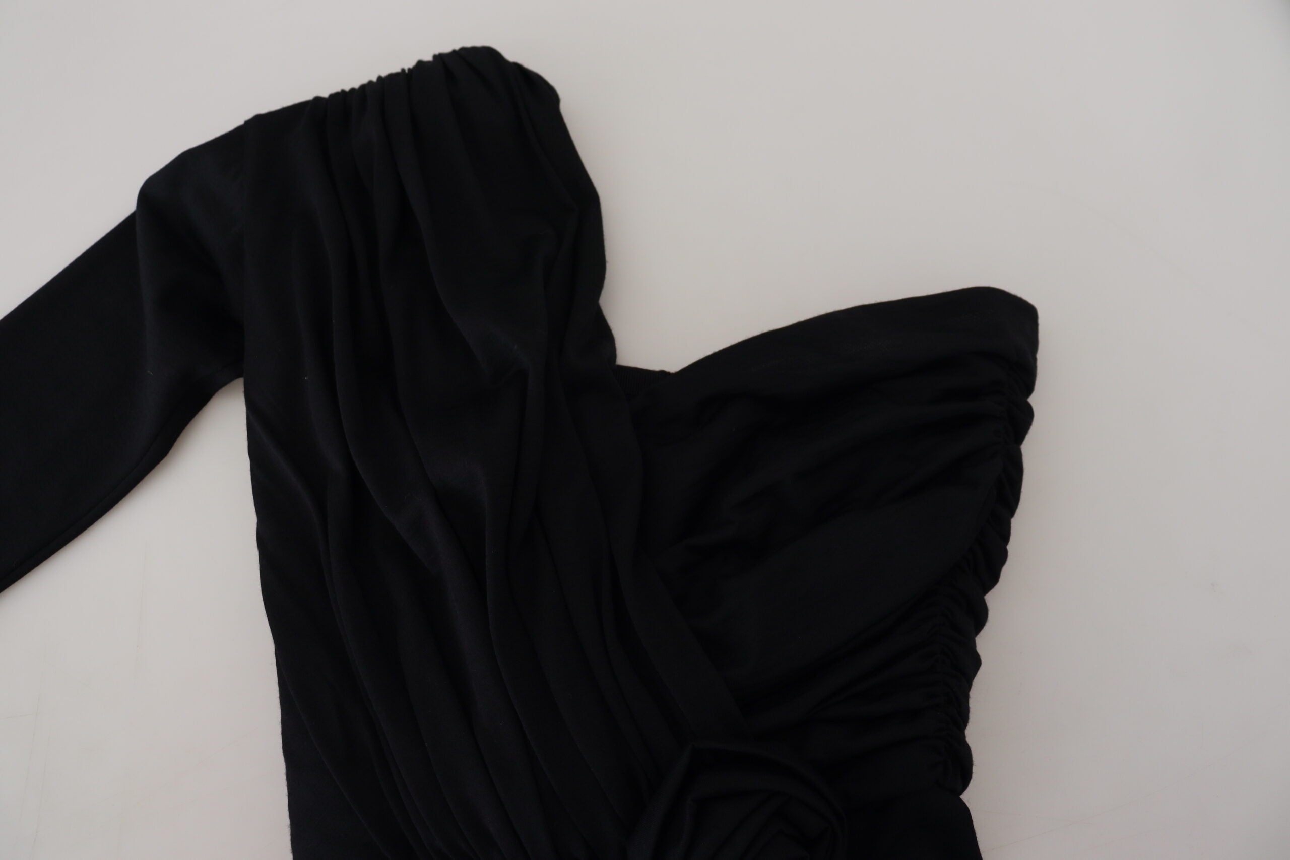 Dolce & Gabbana Black Wrap Sheath One Shoulder Wool Women's Dress