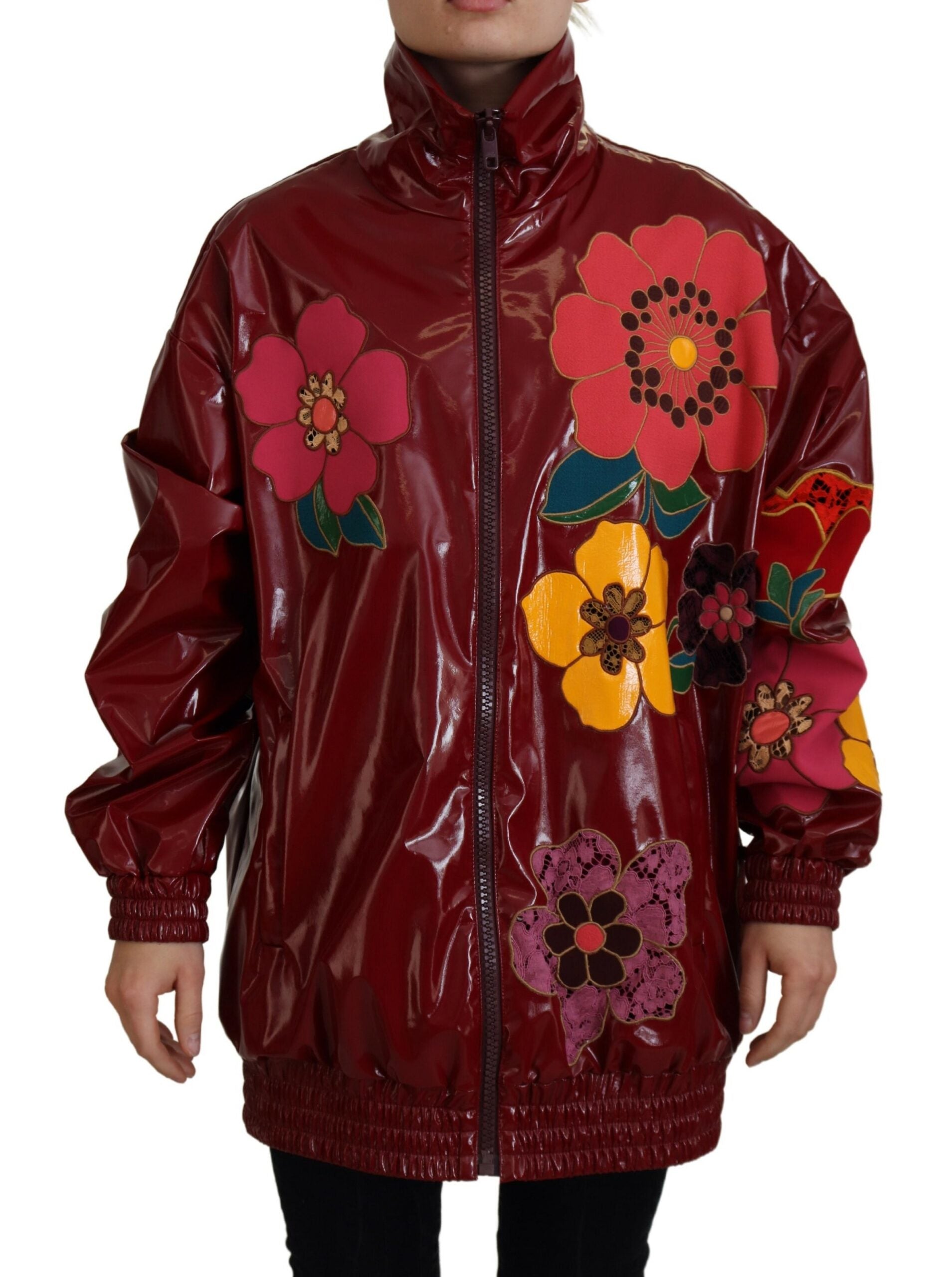 Dolce & Gabbana Maroon Floral Full Zip Polyester Women Women's Jacket