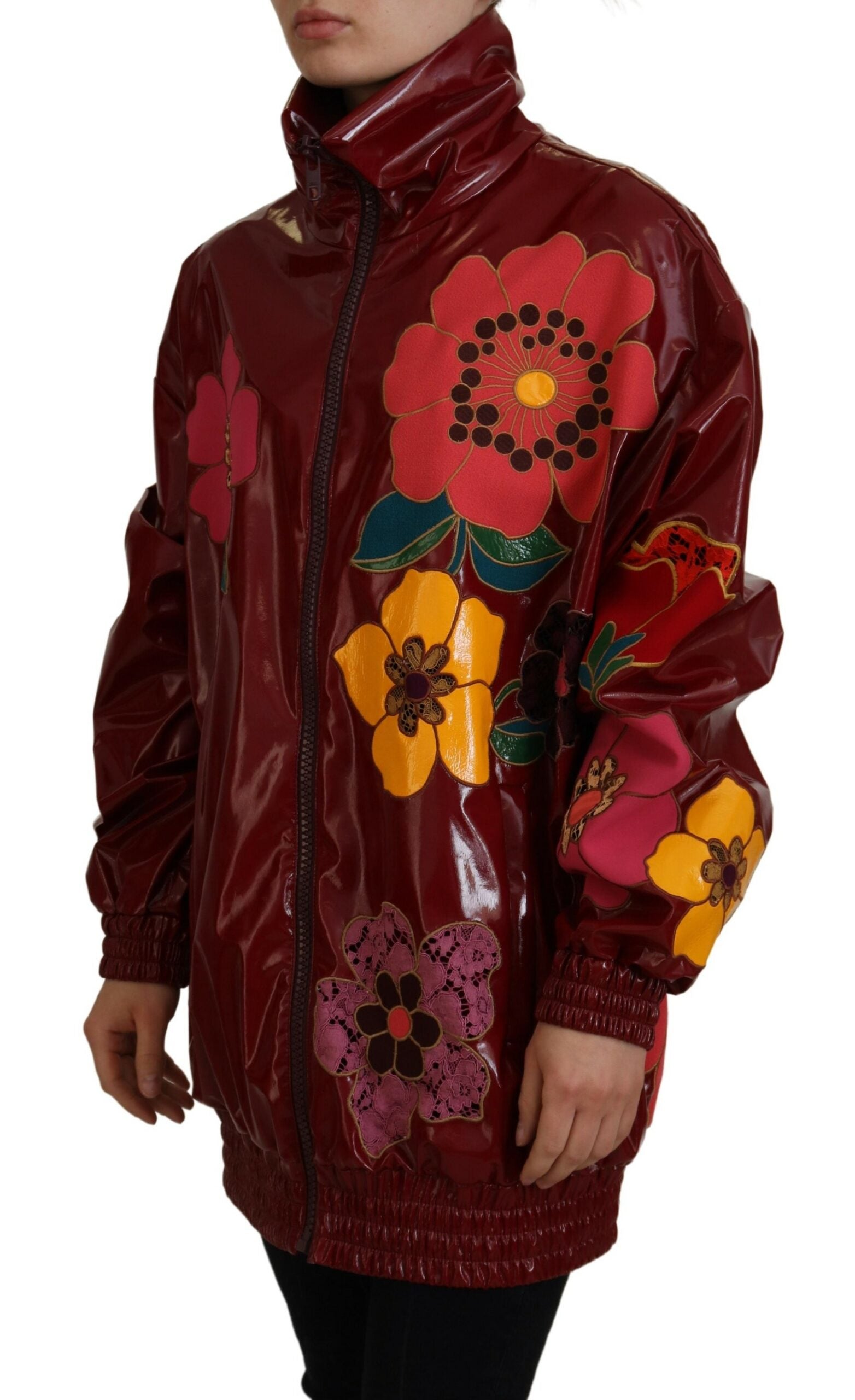 Dolce & Gabbana Maroon Floral Full Zip Polyester Women Women's Jacket