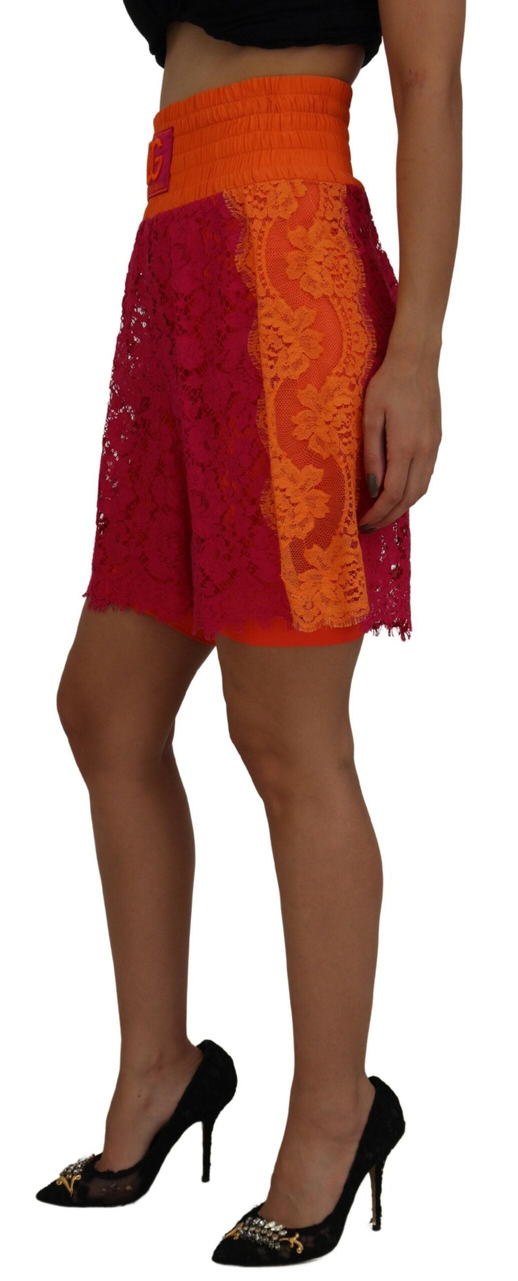 Dolce & Gabbana Pink Orange Lace Cotton High Waist Women's Shorts