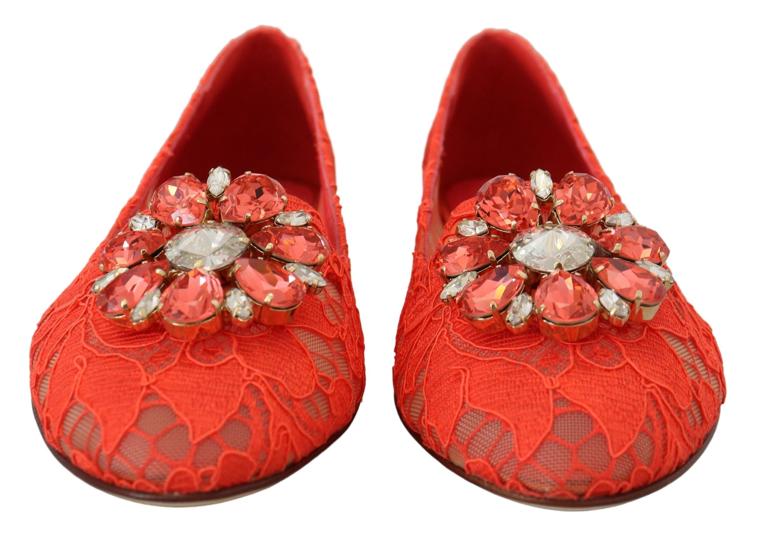 Dolce & Gabbana Red Taormina Lace Crystals Ballet Flats Women's Shoes