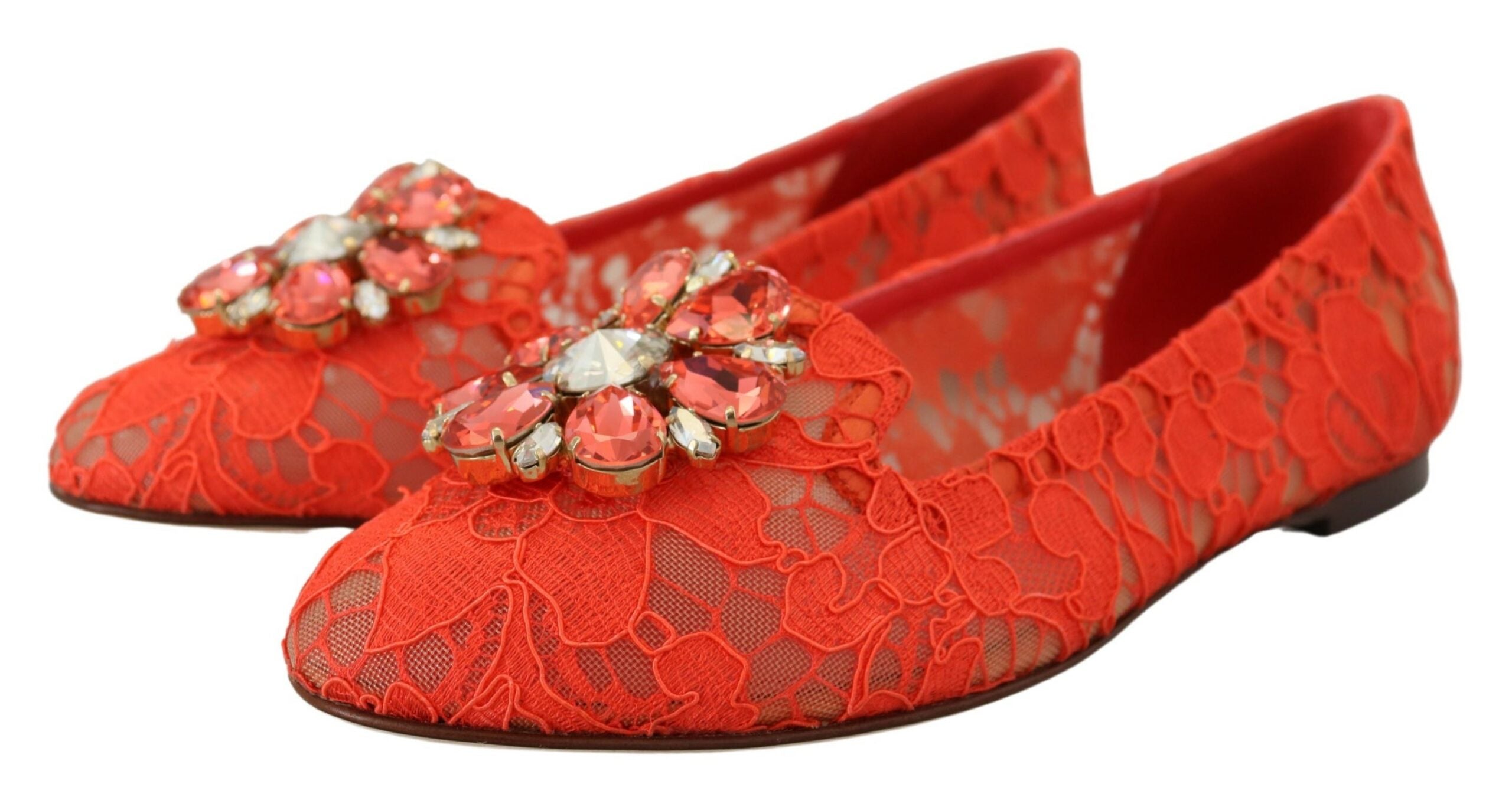 Dolce & Gabbana Red Taormina Lace Crystals Ballet Flats Women's Shoes