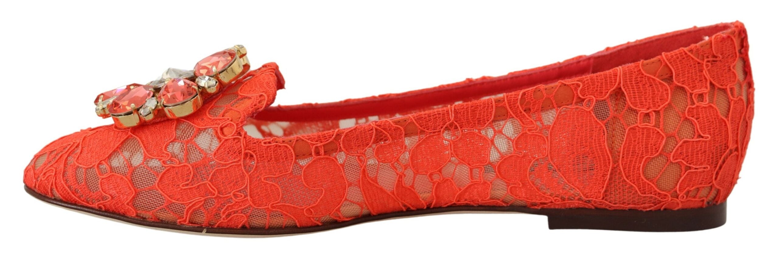Dolce & Gabbana Red Taormina Lace Crystals Ballet Flats Women's Shoes