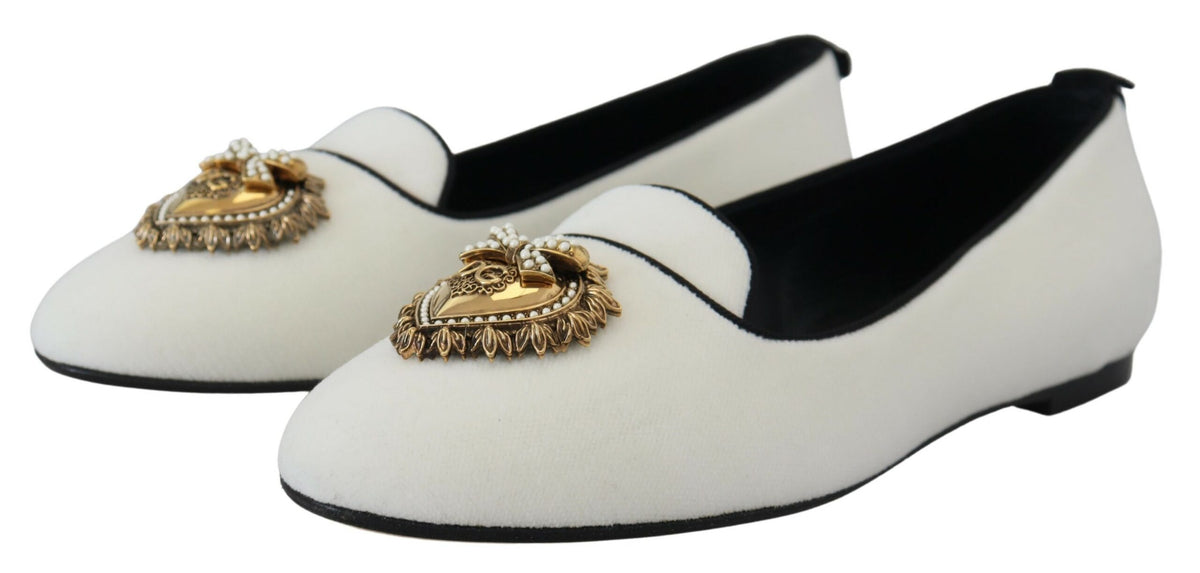 Dolce & Gabbana White Velvet Slip Ons Loafers Flats Women's Shoes