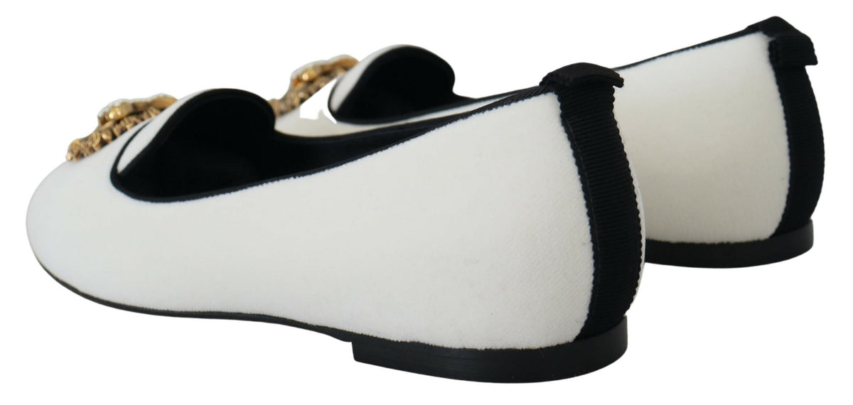 Dolce & Gabbana White Velvet Slip Ons Loafers Flats Women's Shoes