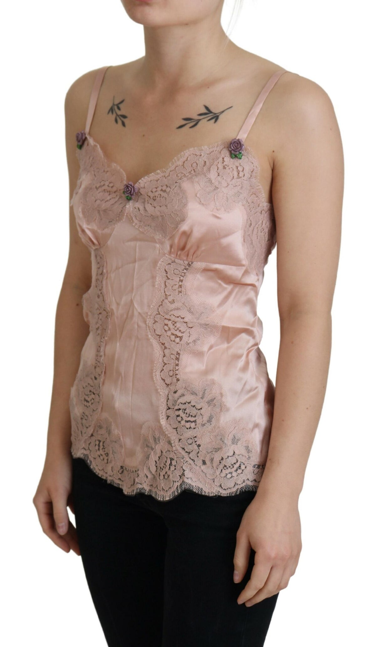 Dolce & Gabbana Pink Satin Lace Roses Tank Top Women's Lingerie