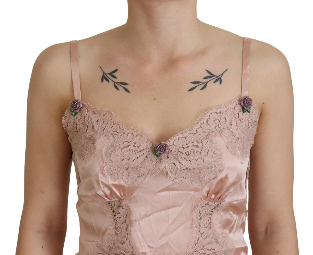 Dolce & Gabbana Pink Satin Lace Roses Tank Top Women's Lingerie