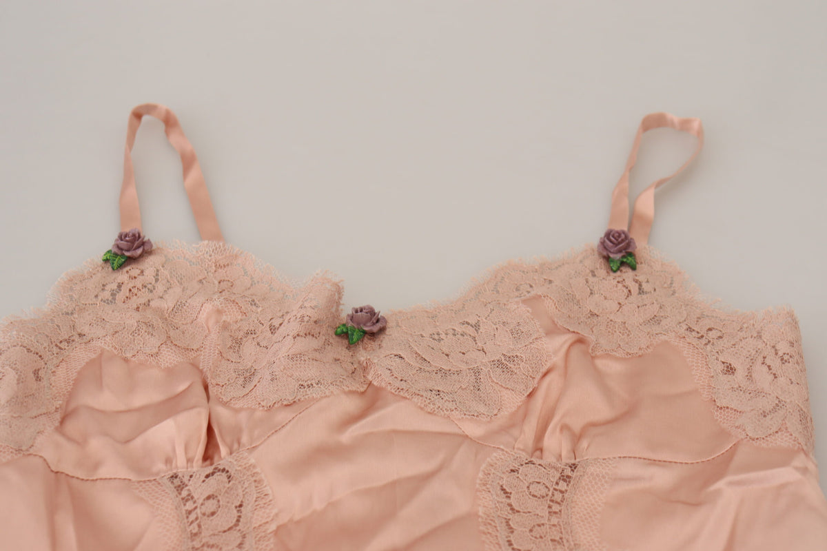 Dolce & Gabbana Pink Satin Lace Roses Tank Top Women's Lingerie