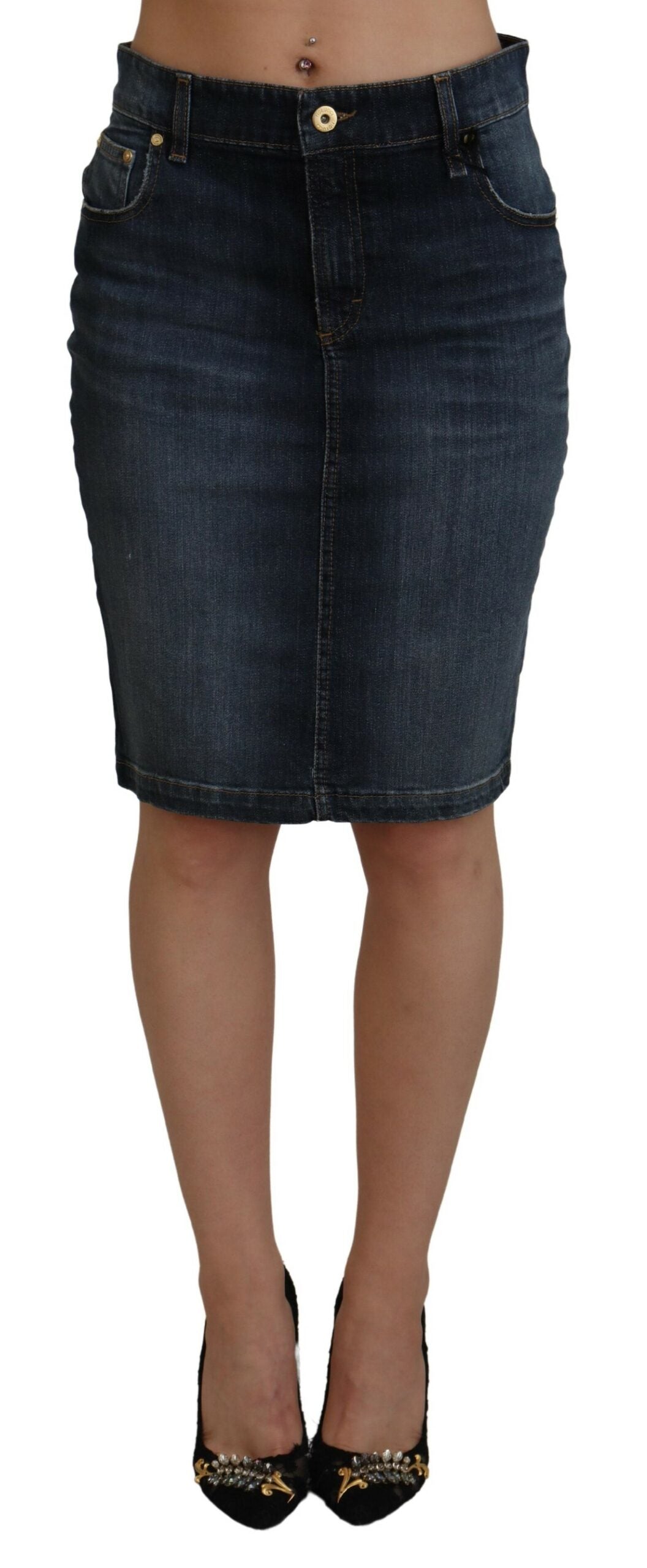 Fiorucci Dark Blue Washed Mid Waist Pencil Cut Denim Women's Skirt