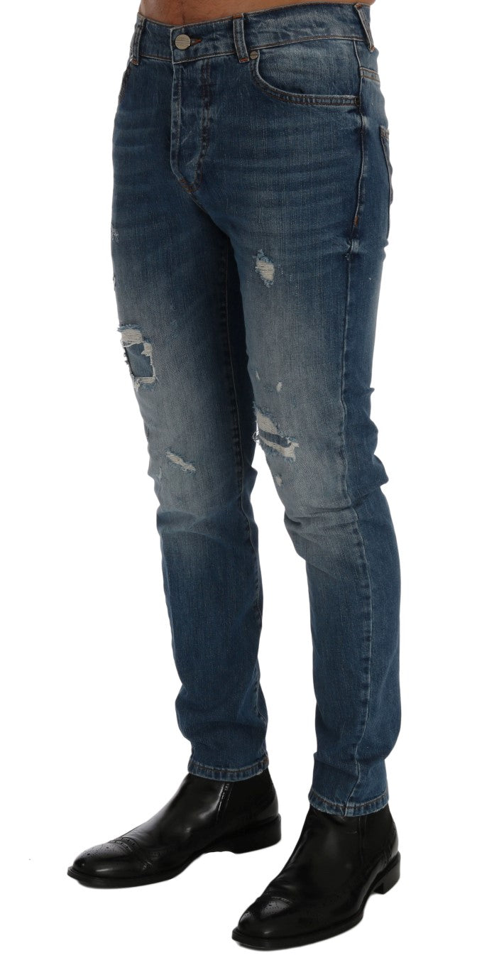 Frankie Morello Blue Wash Torn Dunfermile Slim Fit Men's Jeans