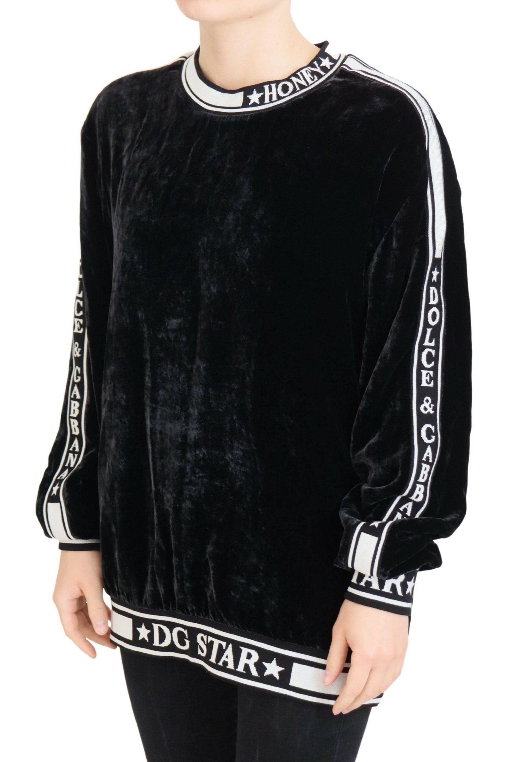 Dolce & Gabbana Black Velvet Crewneck Pullover Women's Sweater