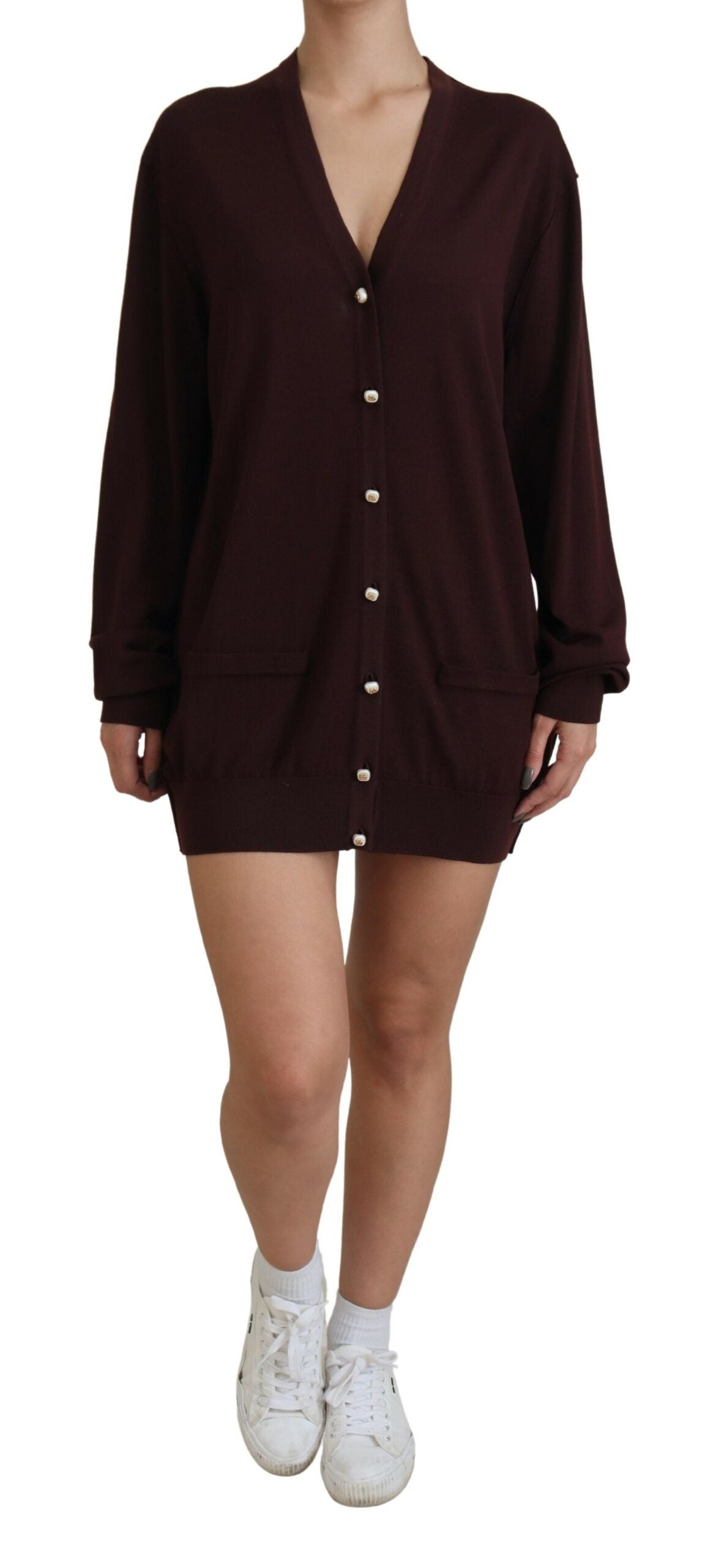 Dolce & Gabbana Chic Maroon V-Neck Wool Women's Cardigan