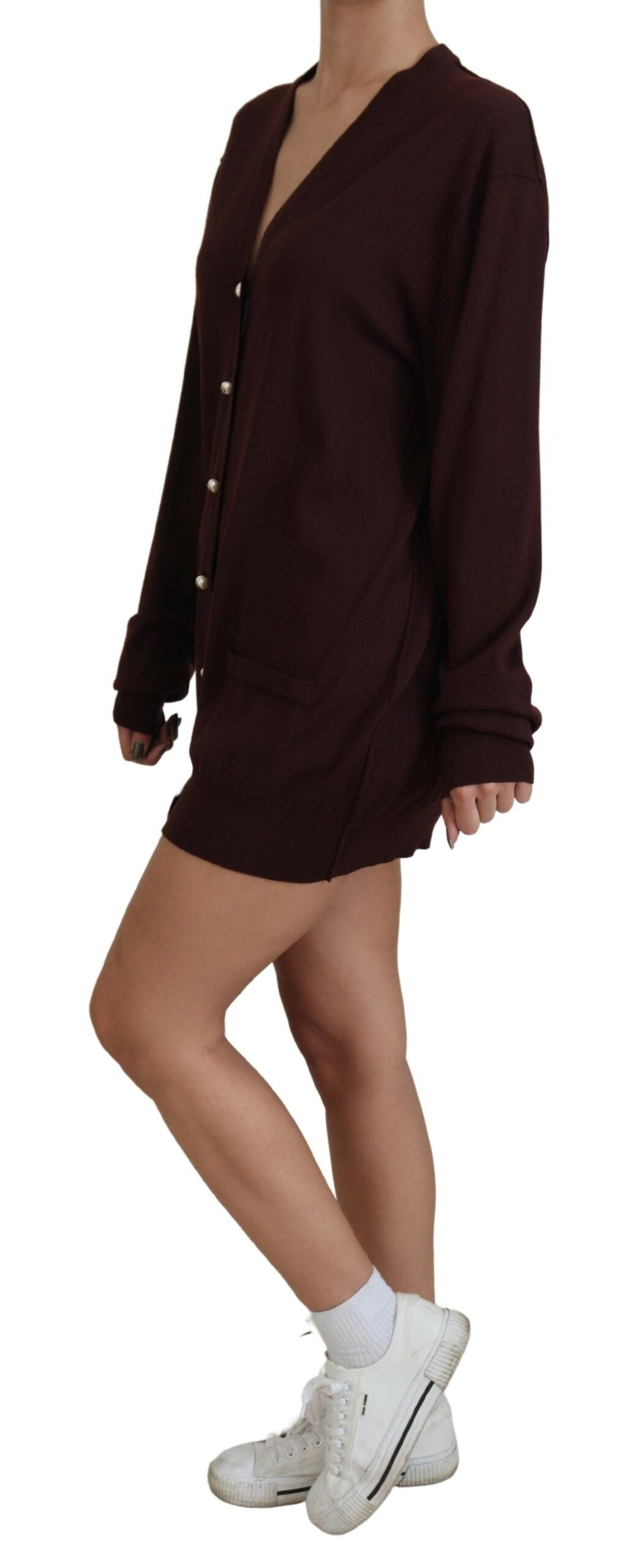Dolce & Gabbana Chic Maroon V-Neck Wool Women's Cardigan