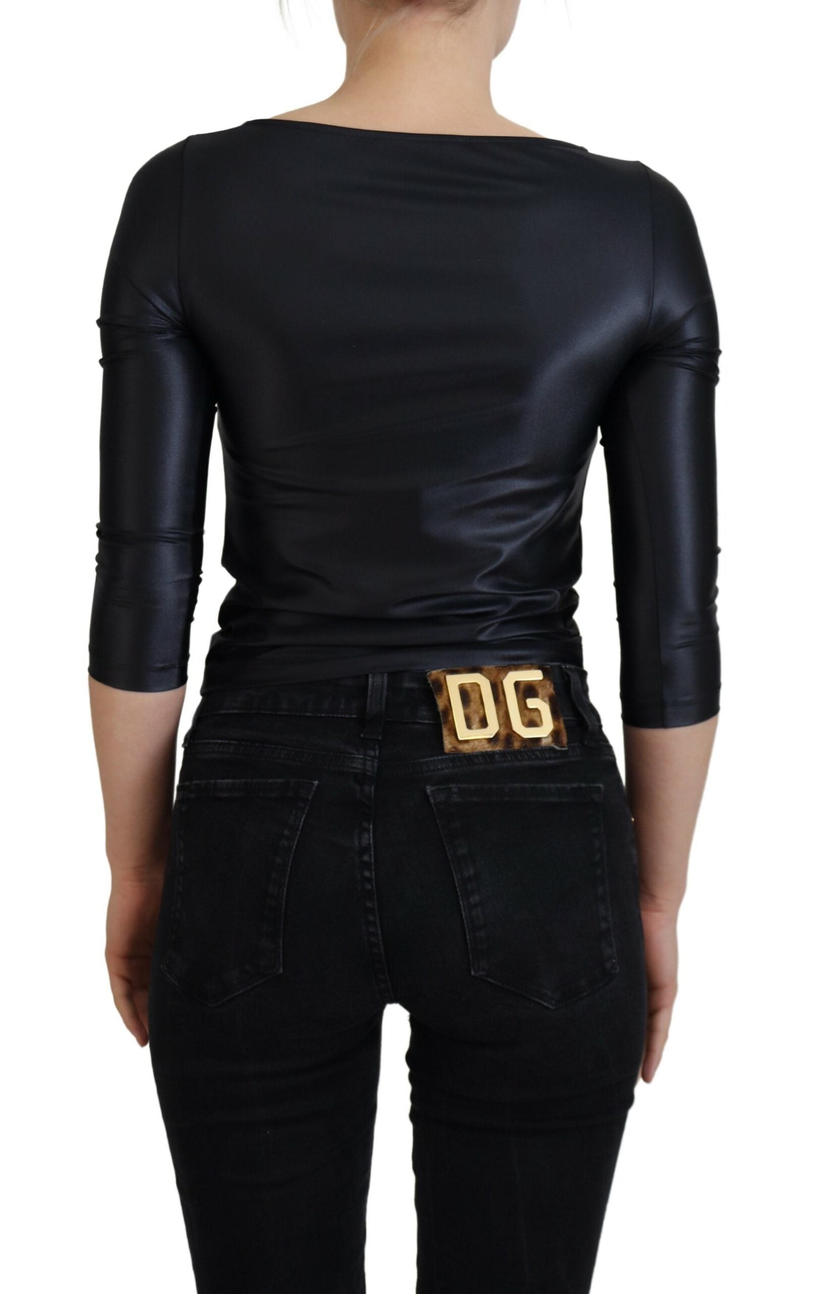 Dolce & Gabbana Black Cotton Stretch Open Chest 3/4 Sleeve Women's Top