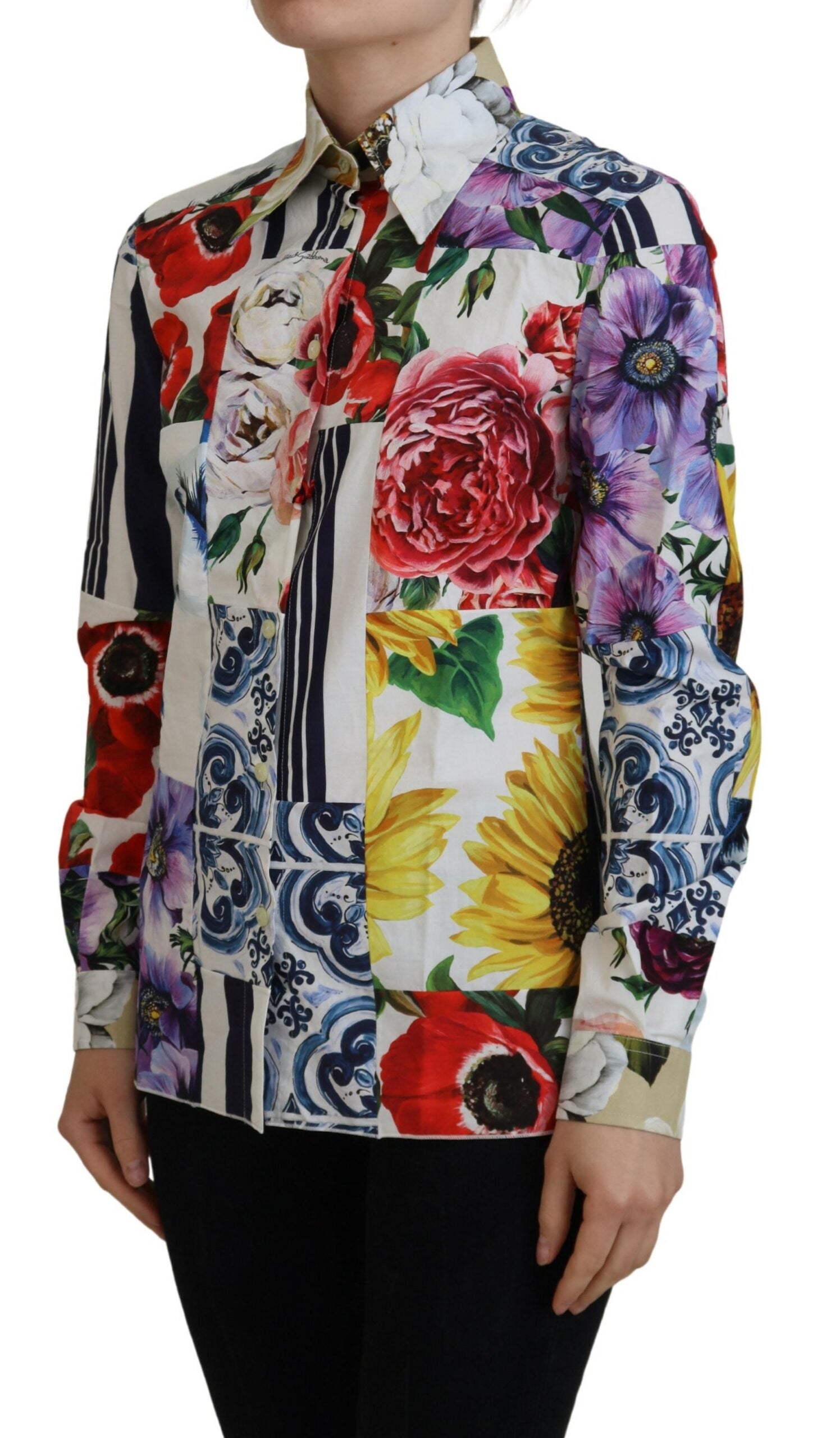 Dolce & Gabbana Multicolor Floral Cotton Collared Blouse Women's Top