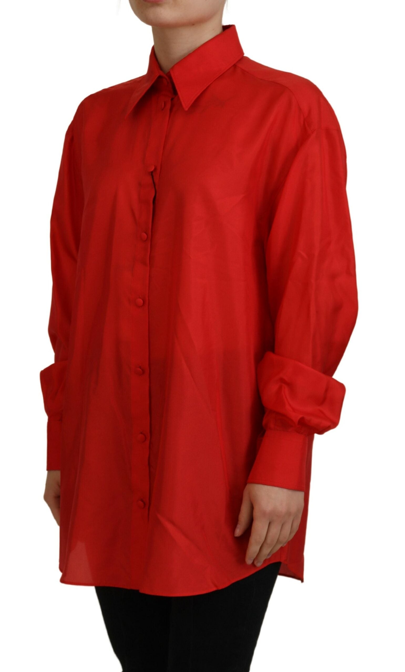 Dolce & Gabbana Red Silk Collared Long Sleeves Dress Shirt Women's Top