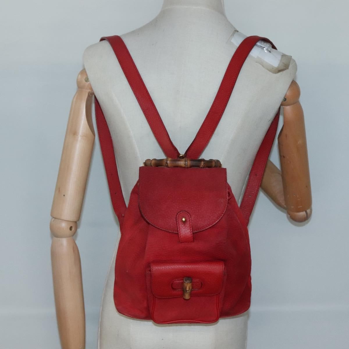 Gucci Vintage Bamboo Suede Red Suede Backpack Bag (Pre-Owned)