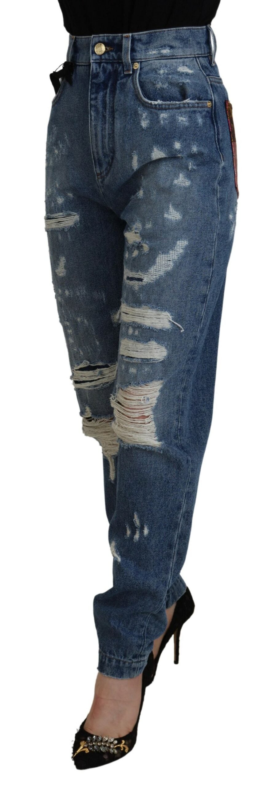 Dolce & Gabbana Blue Tattered Skinny Denim Cotton Women's Jeans