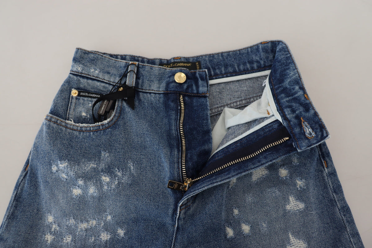 Dolce & Gabbana Blue Tattered Skinny Denim Cotton Women's Jeans