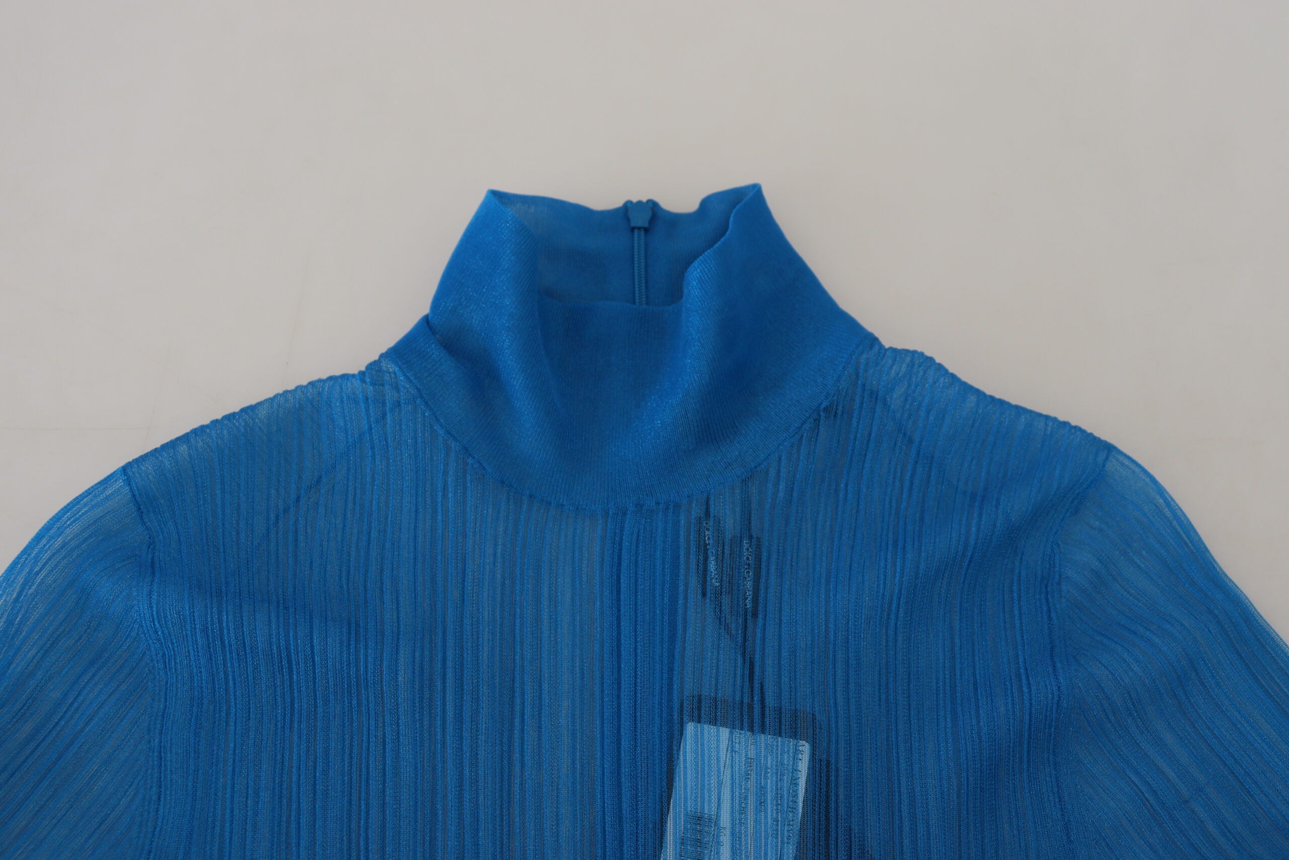 Dolce & Gabbana Blue Mesh Turtleneck Long Sleeve Blouse Women's Top