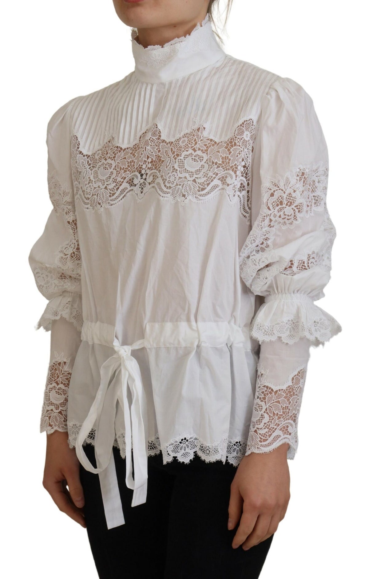 Dolce & Gabbana White Cotton Lace Trim Turtle Neck Blouse Women's Top