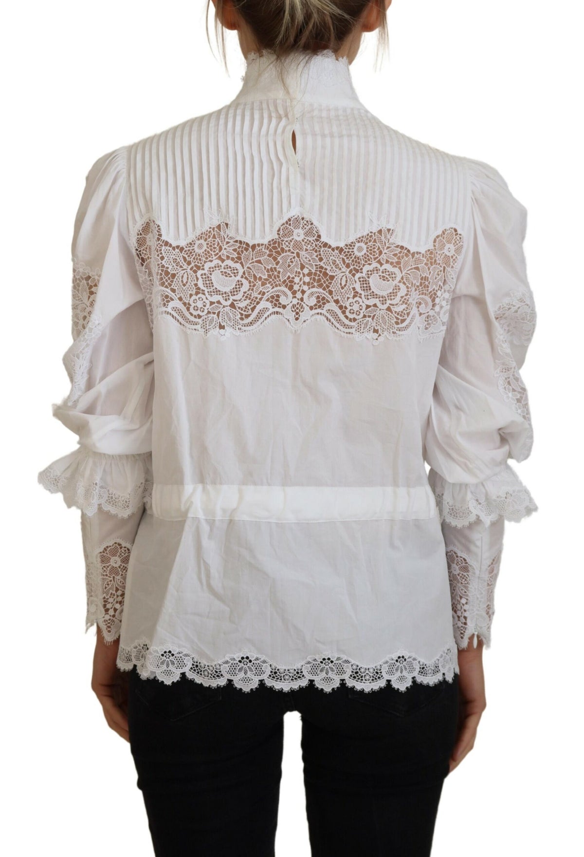 Dolce & Gabbana White Cotton Lace Trim Turtle Neck Blouse Women's Top