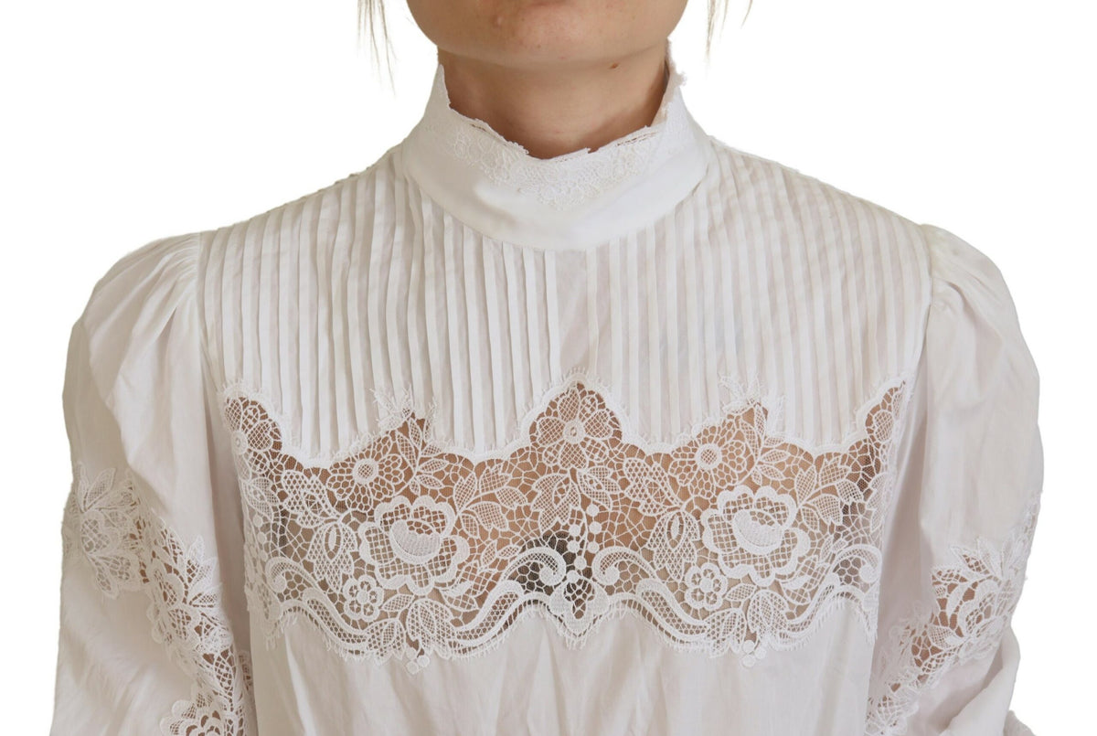 Dolce & Gabbana White Cotton Lace Trim Turtle Neck Blouse Women's Top