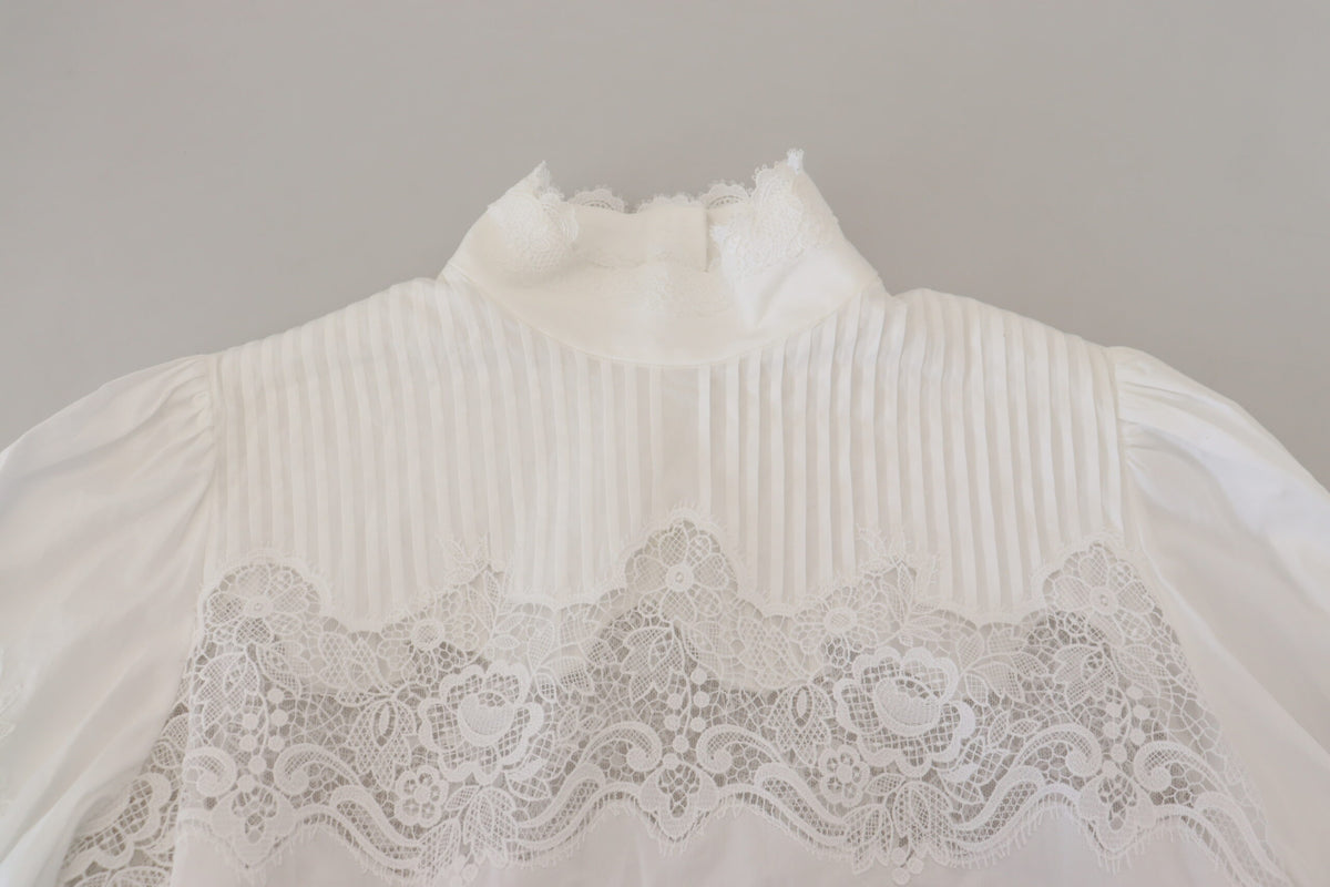 Dolce & Gabbana White Cotton Lace Trim Turtle Neck Blouse Women's Top