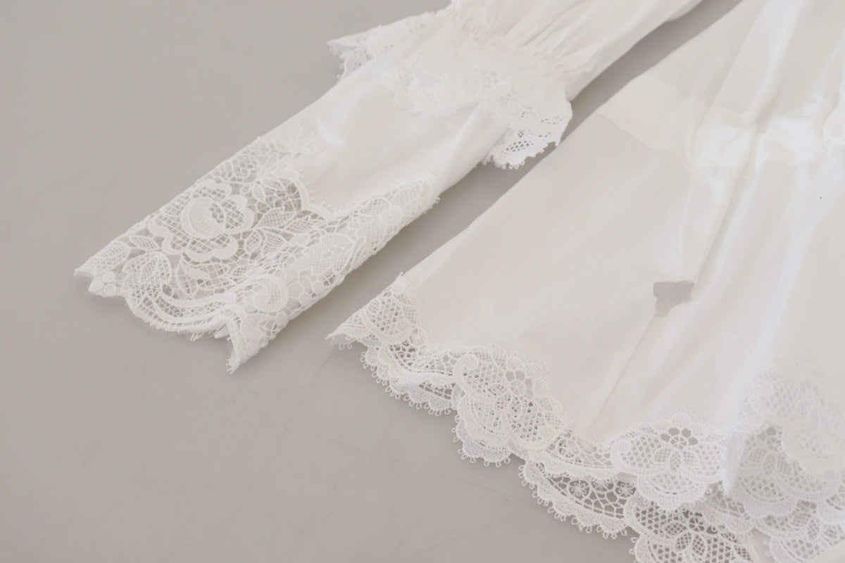 Dolce & Gabbana White Cotton Lace Trim Turtle Neck Blouse Women's Top